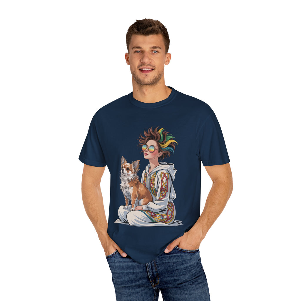 Nouveau-Style Digital Illustration of a Young Woman Sitting Gracefully Beside Her Chihuahua Unisex Garment-Dyed T-Shirt Bohemian Dog Lover T-Shirt - Unisex Vintage Style Tee, Perfect Gift for Pet Owners, Casual Wear, Dog Mom Shirt, Summer Essentials