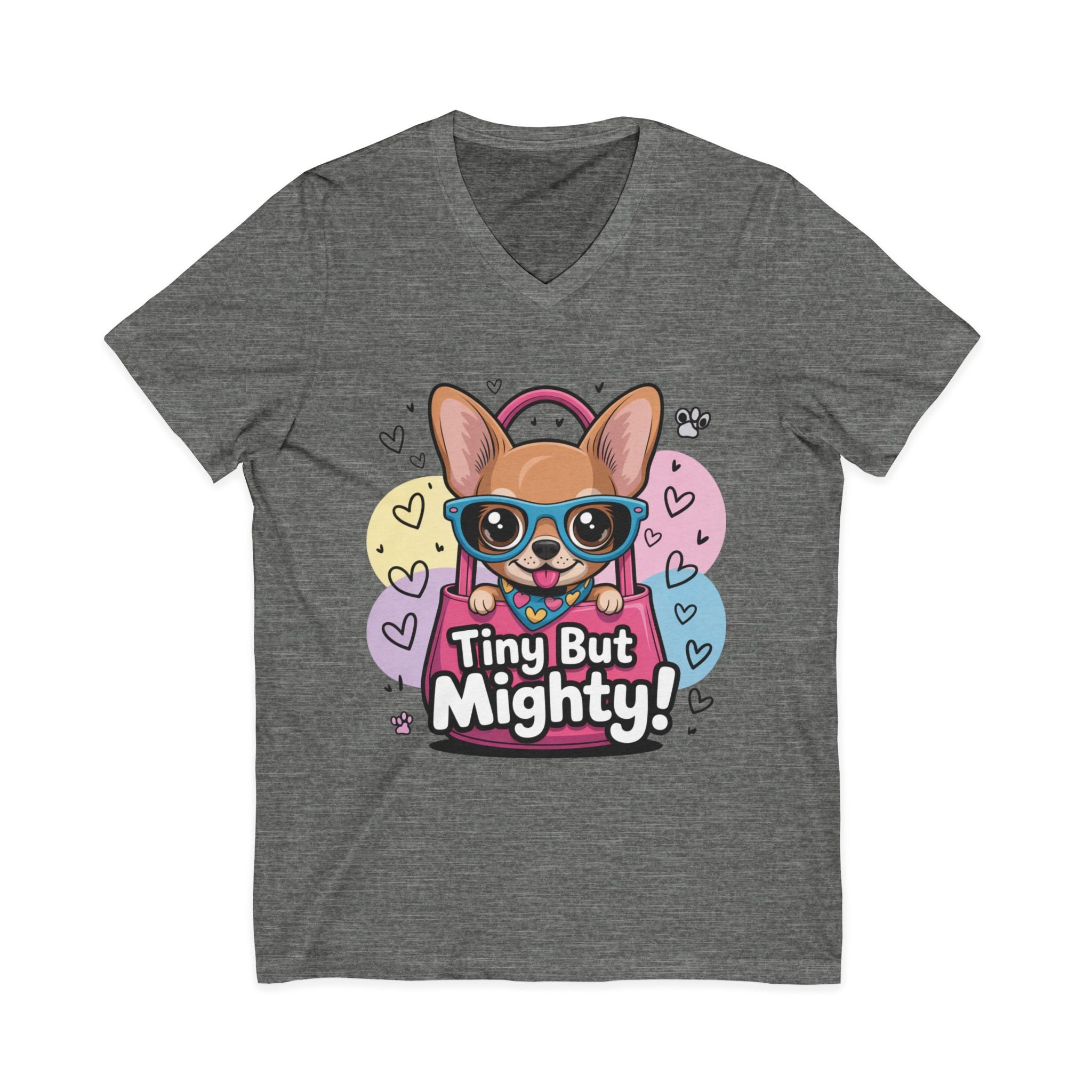 Tiny But Mighty Unisex Jersey Short Sleeve V-Neck Tee  Cute Dog Graphic Tee, Tiny But Mighty T-Shirt for Dog Lovers, Pet Mom Gift, Casual Unisex V-Neck Tee, Birthday Gift