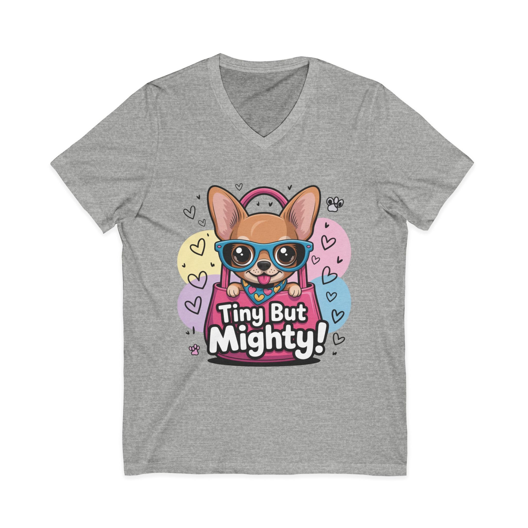 Tiny But Mighty Unisex Jersey Short Sleeve V-Neck Tee  Cute Dog Graphic Tee, Tiny But Mighty T-Shirt for Dog Lovers, Pet Mom Gift, Casual Unisex V-Neck Tee, Birthday Gift