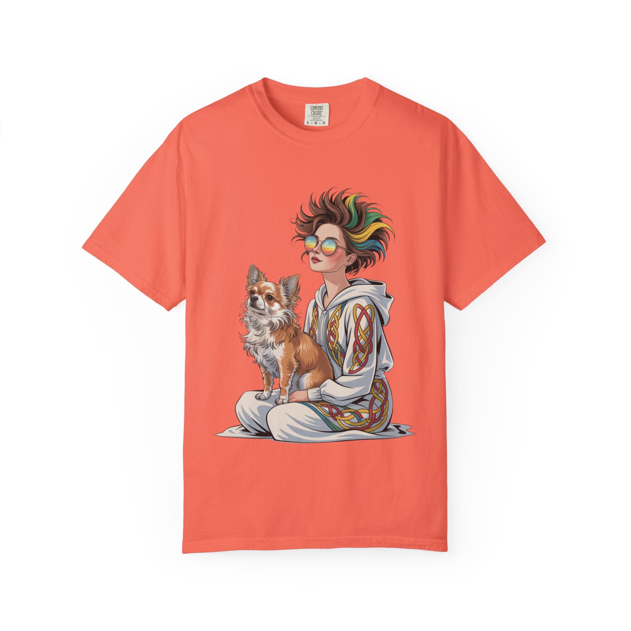 Nouveau-Style Digital Illustration of a Young Woman Sitting Gracefully Beside Her Chihuahua Unisex Garment-Dyed T-Shirt Bohemian Dog Lover T-Shirt - Unisex Vintage Style Tee, Perfect Gift for Pet Owners, Casual Wear, Dog Mom Shirt, Summer Essentials