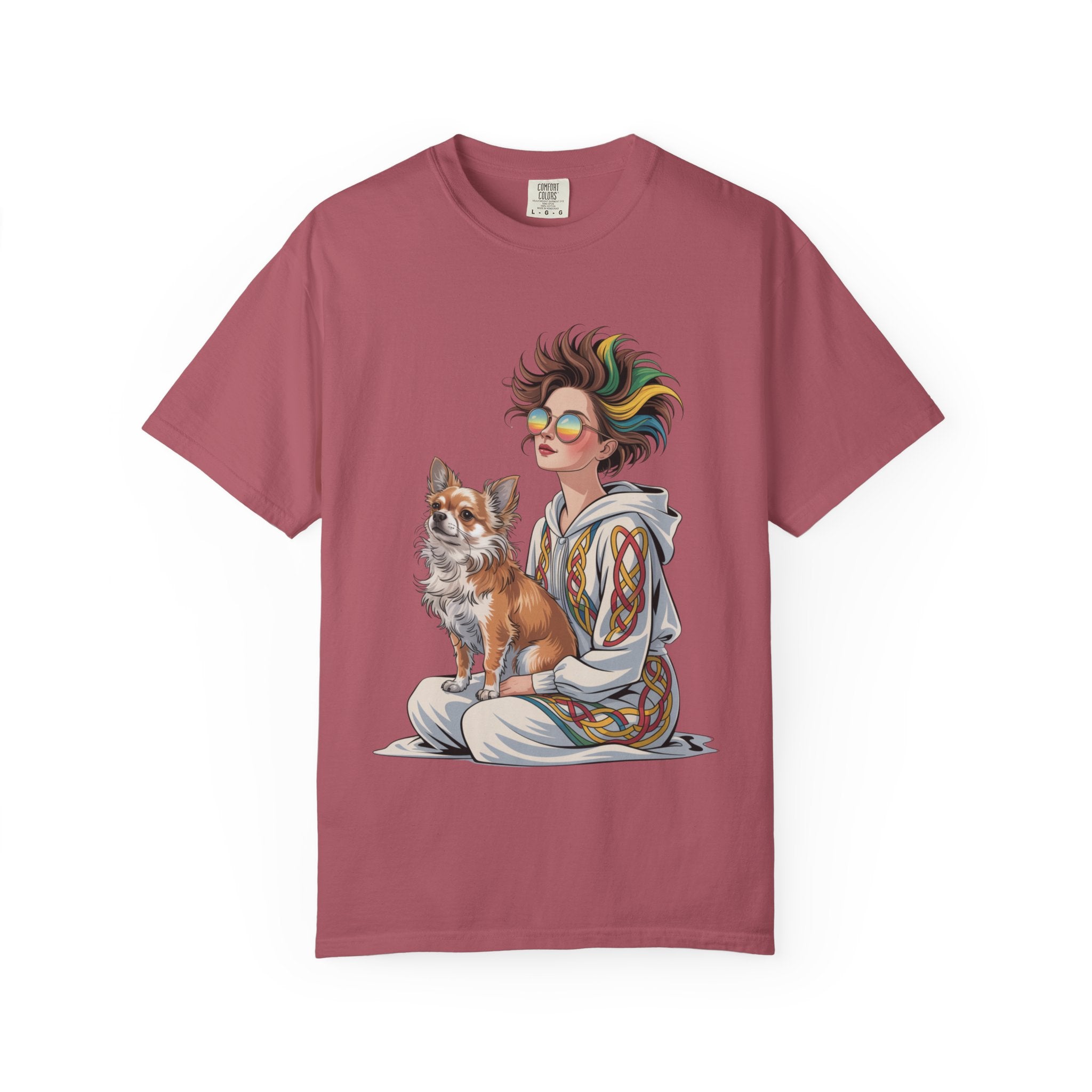 Nouveau-Style Digital Illustration of a Young Woman Sitting Gracefully Beside Her Chihuahua Unisex Garment-Dyed T-Shirt Bohemian Dog Lover T-Shirt - Unisex Vintage Style Tee, Perfect Gift for Pet Owners, Casual Wear, Dog Mom Shirt, Summer Essentials