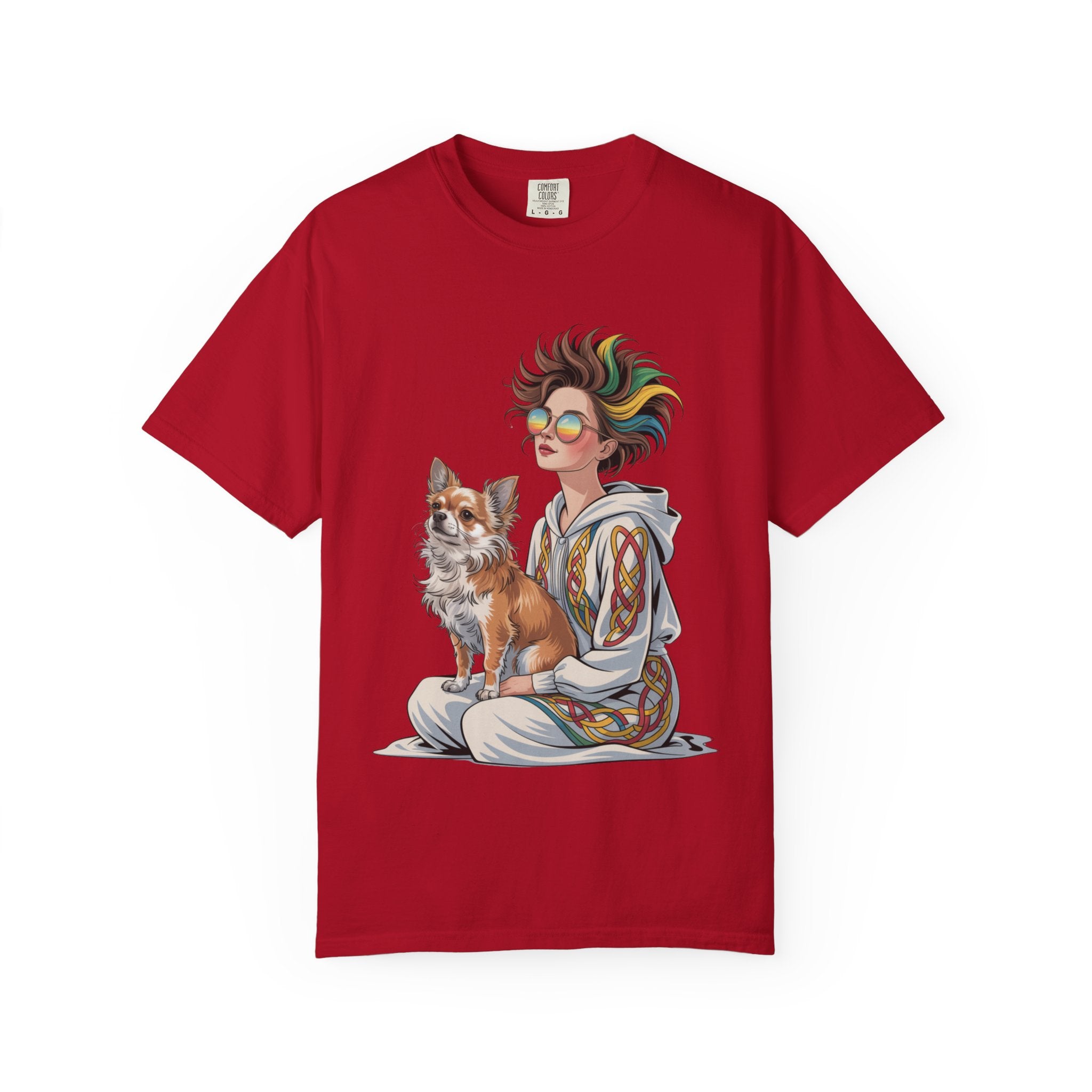 Nouveau-Style Digital Illustration of a Young Woman Sitting Gracefully Beside Her Chihuahua Unisex Garment-Dyed T-Shirt Bohemian Dog Lover T-Shirt - Unisex Vintage Style Tee, Perfect Gift for Pet Owners, Casual Wear, Dog Mom Shirt, Summer Essentials