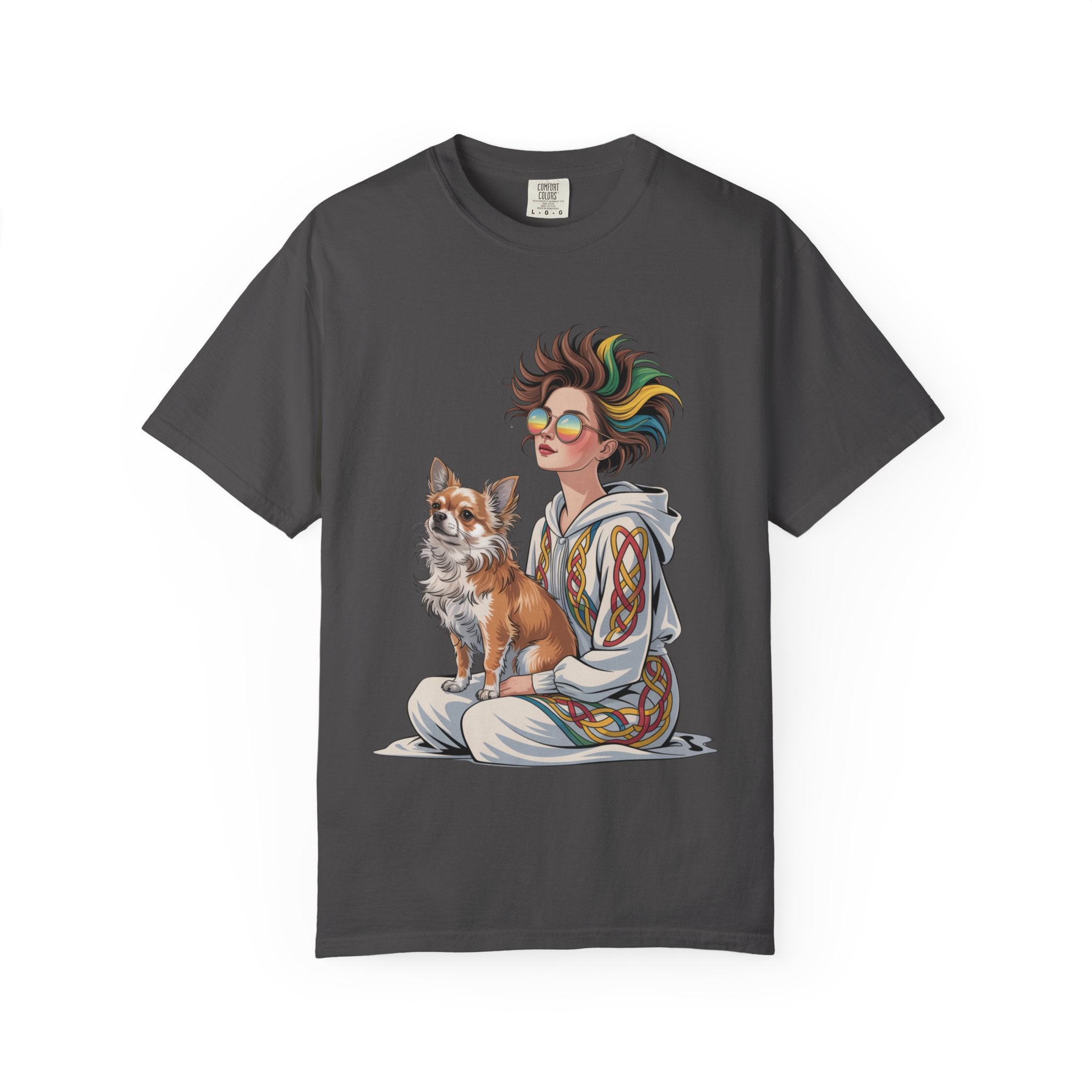 Nouveau-Style Digital Illustration of a Young Woman Sitting Gracefully Beside Her Chihuahua Unisex Garment-Dyed T-Shirt Bohemian Dog Lover T-Shirt - Unisex Vintage Style Tee, Perfect Gift for Pet Owners, Casual Wear, Dog Mom Shirt, Summer Essentials