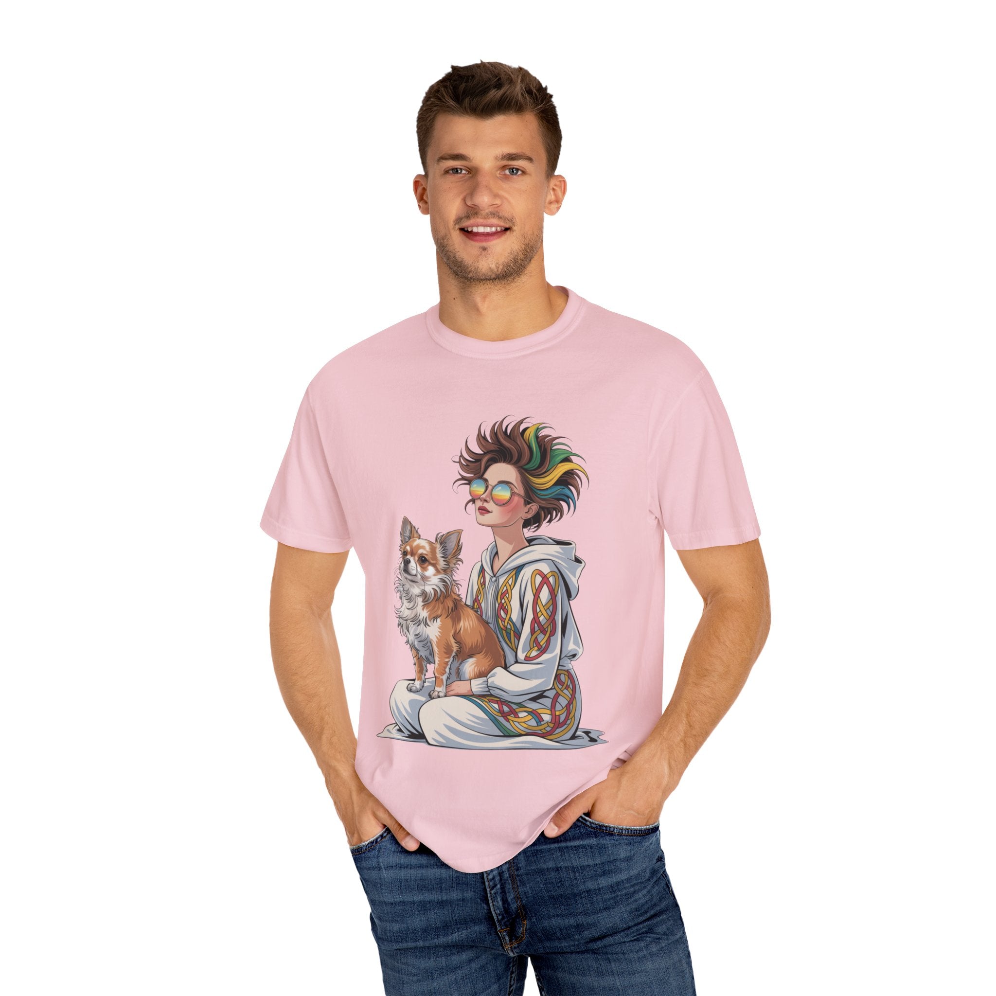 Nouveau-Style Digital Illustration of a Young Woman Sitting Gracefully Beside Her Chihuahua Unisex Garment-Dyed T-Shirt Bohemian Dog Lover T-Shirt - Unisex Vintage Style Tee, Perfect Gift for Pet Owners, Casual Wear, Dog Mom Shirt, Summer Essentials