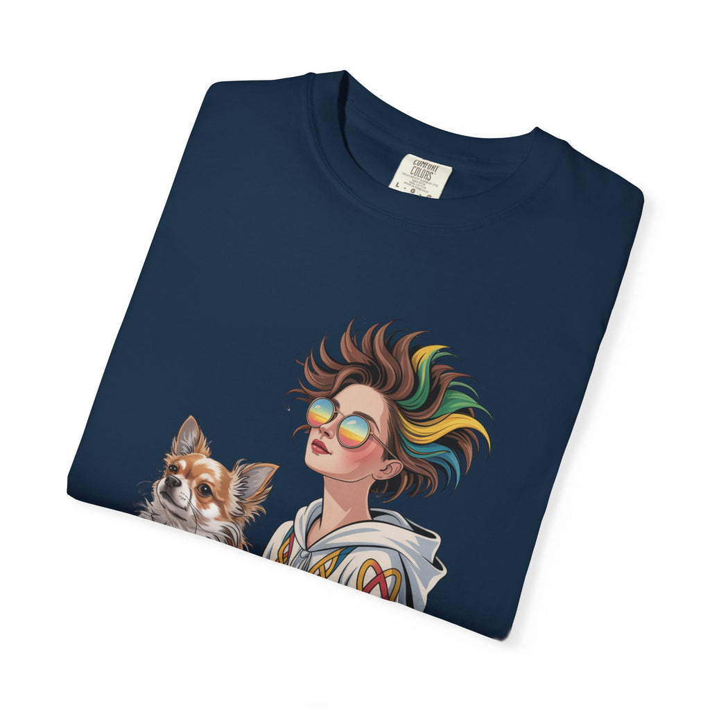 Nouveau-Style Digital Illustration of a Young Woman Sitting Gracefully Beside Her Chihuahua Unisex Garment-Dyed T-Shirt Bohemian Dog Lover T-Shirt - Unisex Vintage Style Tee, Perfect Gift for Pet Owners, Casual Wear, Dog Mom Shirt, Summer Essentials