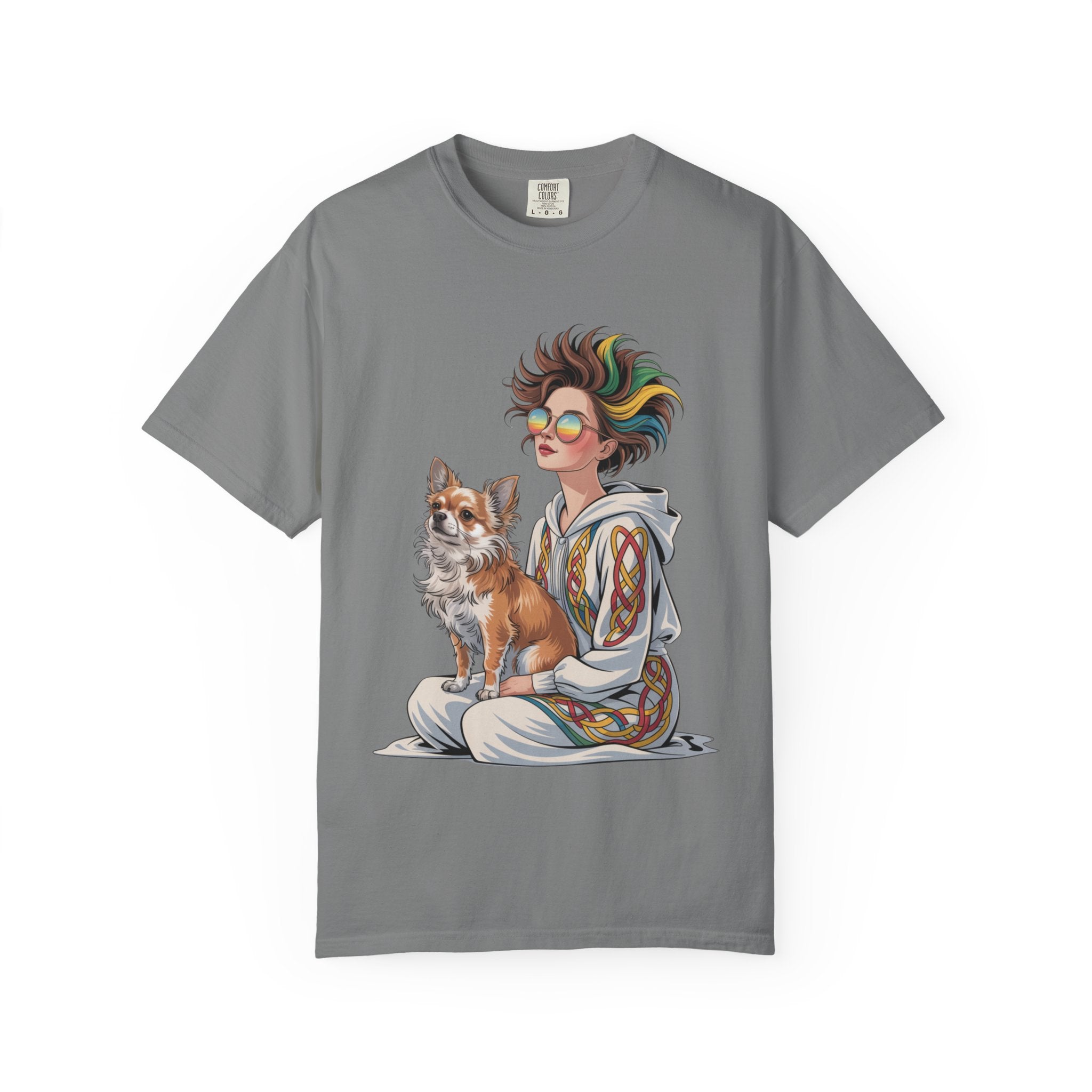 Nouveau-Style Digital Illustration of a Young Woman Sitting Gracefully Beside Her Chihuahua Unisex Garment-Dyed T-Shirt Bohemian Dog Lover T-Shirt - Unisex Vintage Style Tee, Perfect Gift for Pet Owners, Casual Wear, Dog Mom Shirt, Summer Essentials
