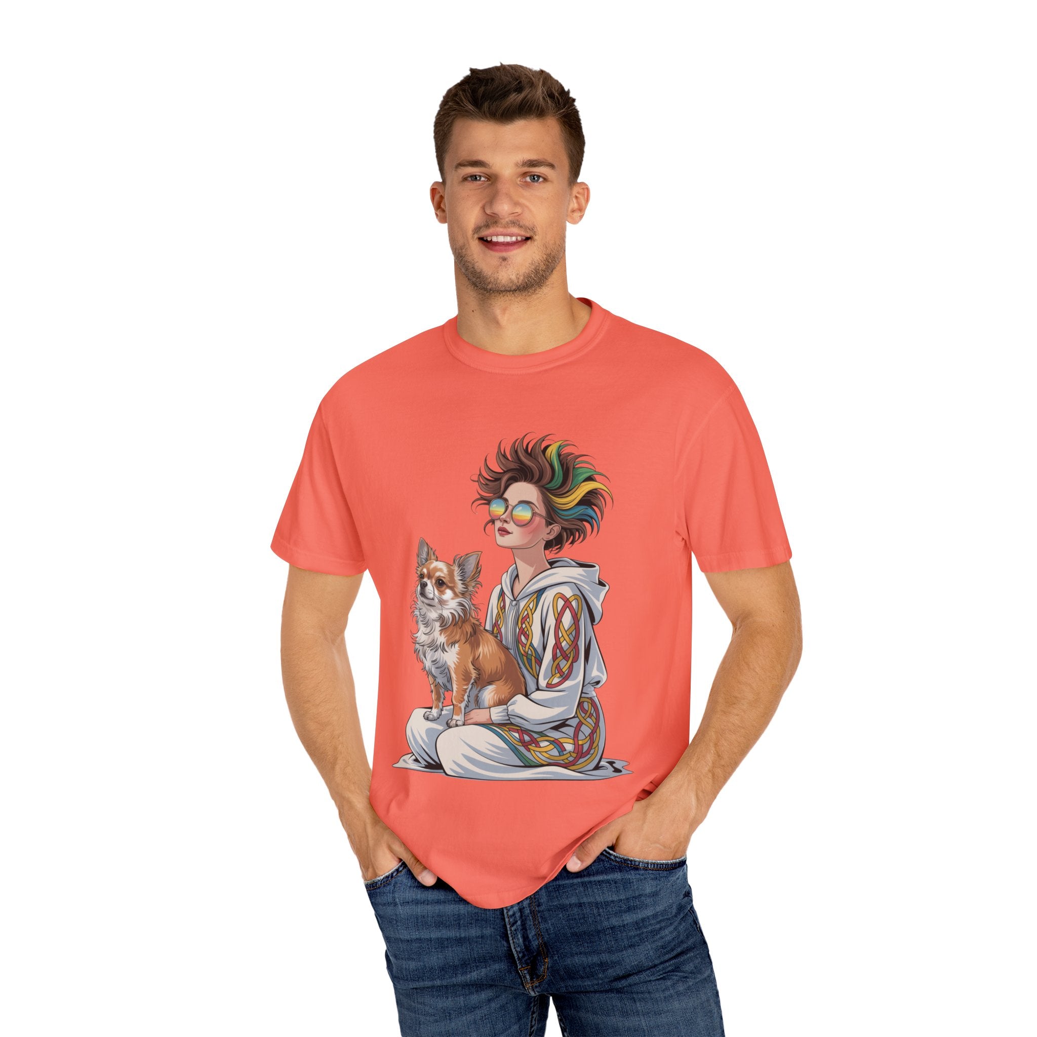 Nouveau-Style Digital Illustration of a Young Woman Sitting Gracefully Beside Her Chihuahua Unisex Garment-Dyed T-Shirt Bohemian Dog Lover T-Shirt - Unisex Vintage Style Tee, Perfect Gift for Pet Owners, Casual Wear, Dog Mom Shirt, Summer Essentials