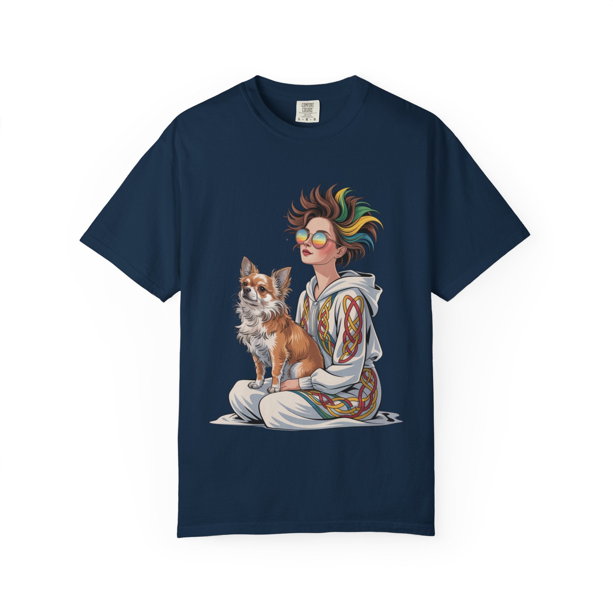 Nouveau-Style Digital Illustration of a Young Woman Sitting Gracefully Beside Her Chihuahua Unisex Garment-Dyed T-Shirt Bohemian Dog Lover T-Shirt - Unisex Vintage Style Tee, Perfect Gift for Pet Owners, Casual Wear, Dog Mom Shirt, Summer Essentials