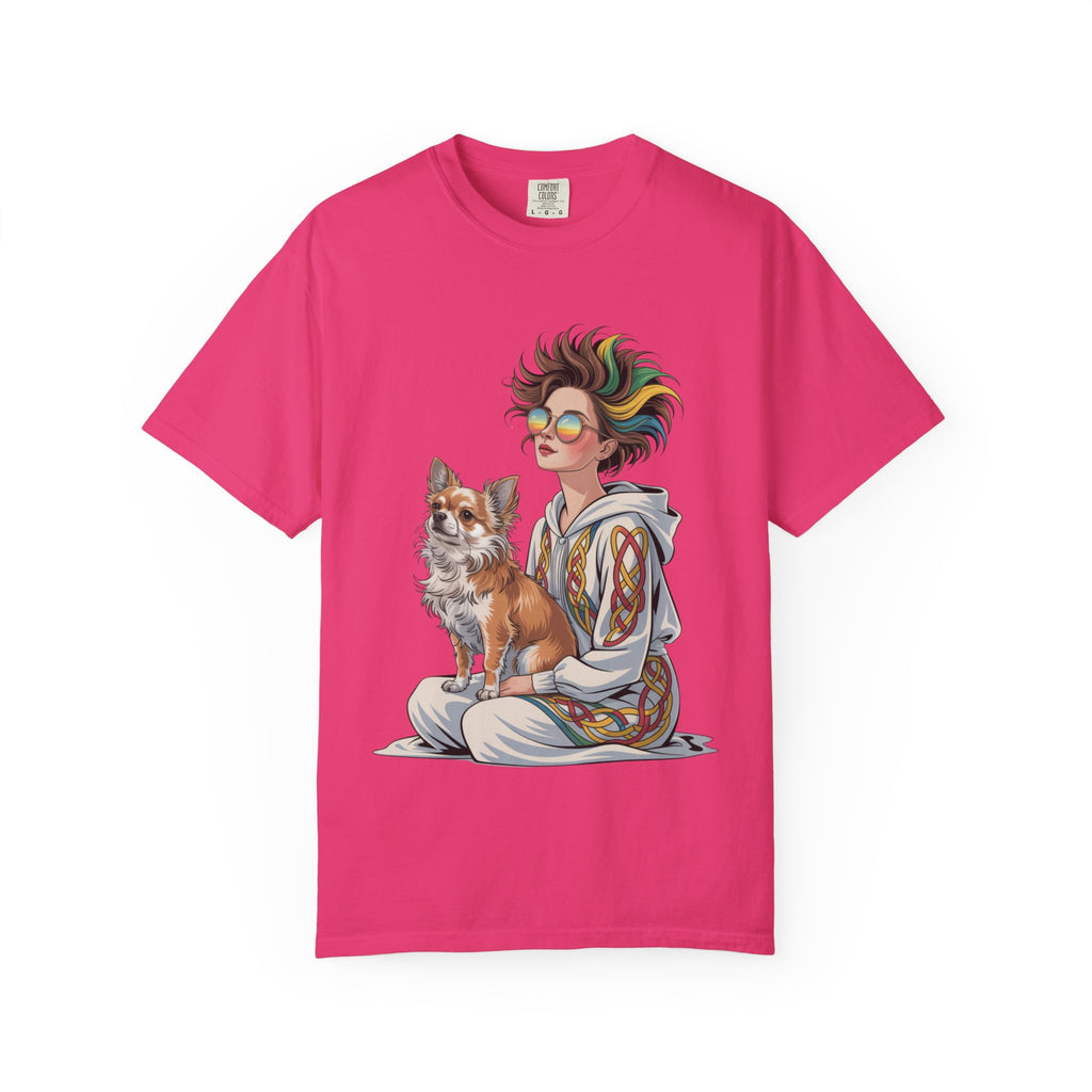 Nouveau-Style Digital Illustration of a Young Woman Sitting Gracefully Beside Her Chihuahua Unisex Garment-Dyed T-Shirt Bohemian Dog Lover T-Shirt - Unisex Vintage Style Tee, Perfect Gift for Pet Owners, Casual Wear, Dog Mom Shirt, Summer Essentials