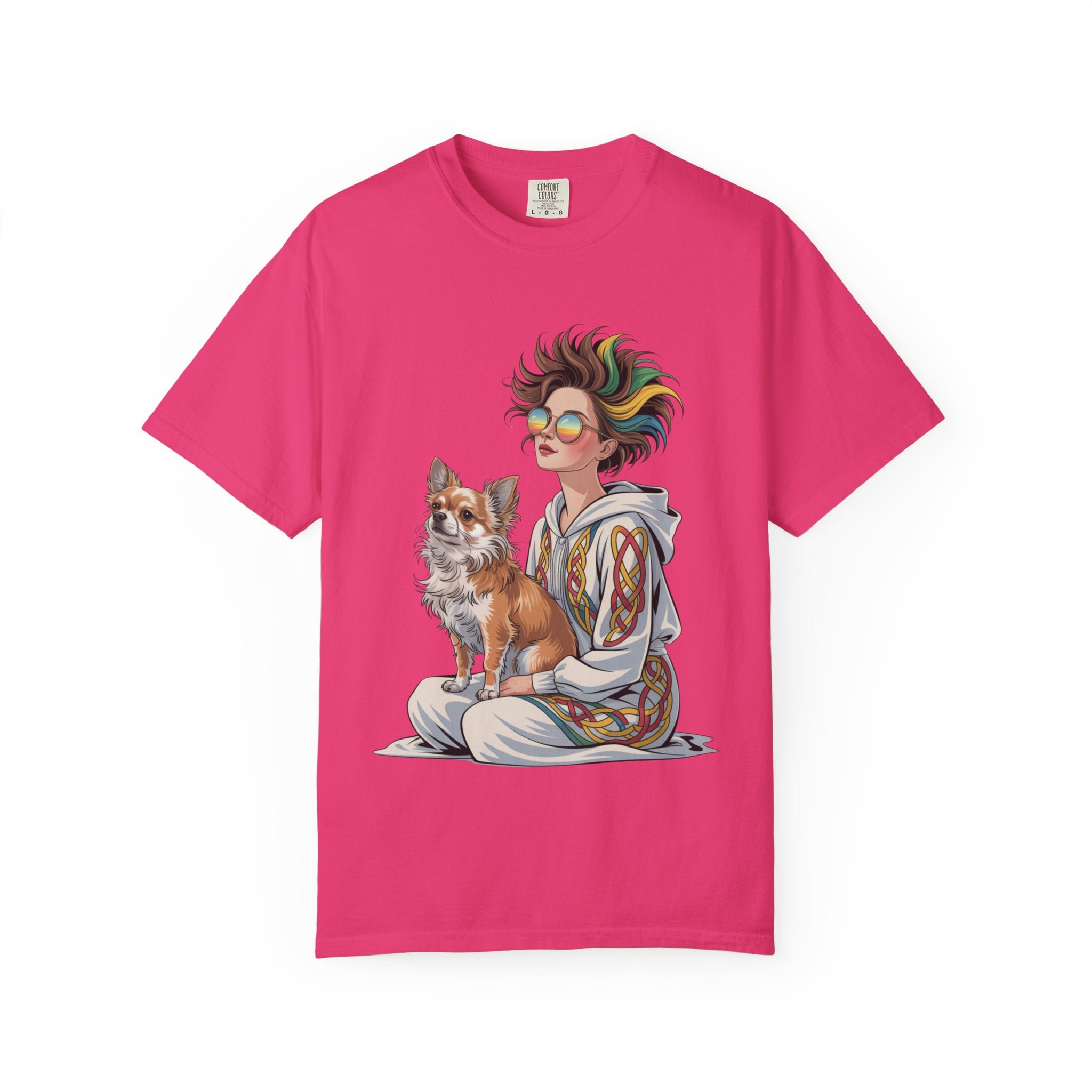 Nouveau-Style Digital Illustration of a Young Woman Sitting Gracefully Beside Her Chihuahua Unisex Garment-Dyed T-Shirt Bohemian Dog Lover T-Shirt - Unisex Vintage Style Tee, Perfect Gift for Pet Owners, Casual Wear, Dog Mom Shirt, Summer Essentials