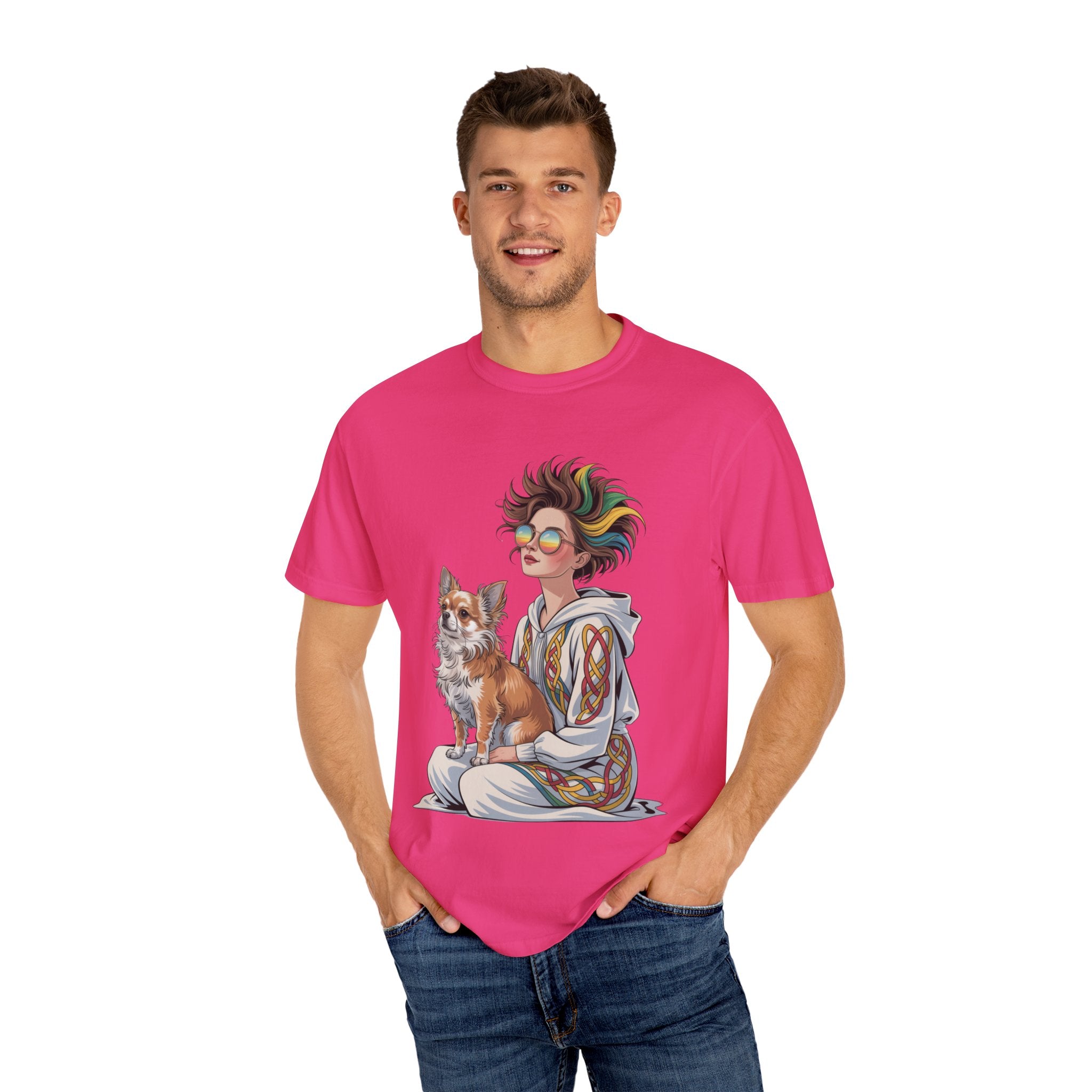 Nouveau-Style Digital Illustration of a Young Woman Sitting Gracefully Beside Her Chihuahua Unisex Garment-Dyed T-Shirt Bohemian Dog Lover T-Shirt - Unisex Vintage Style Tee, Perfect Gift for Pet Owners, Casual Wear, Dog Mom Shirt, Summer Essentials