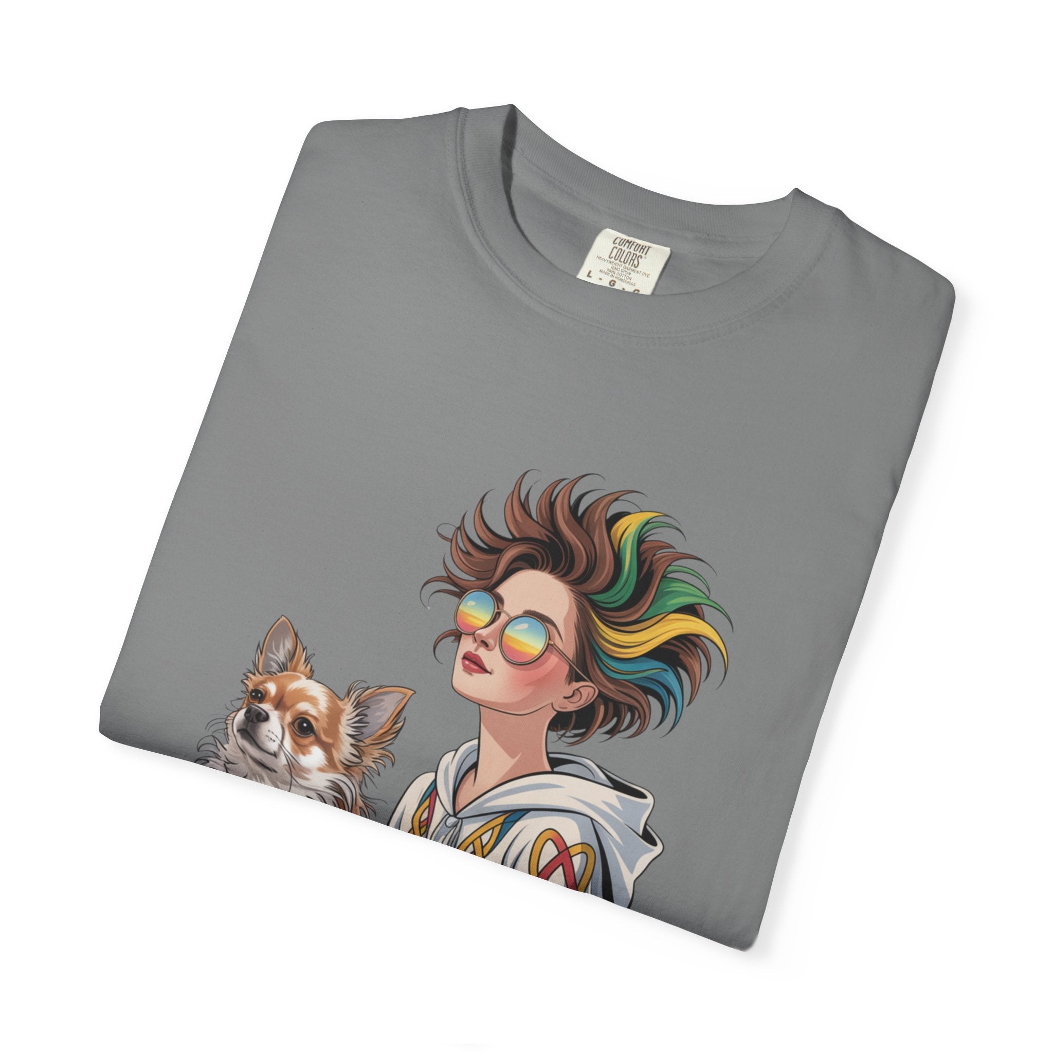 Nouveau-Style Digital Illustration of a Young Woman Sitting Gracefully Beside Her Chihuahua Unisex Garment-Dyed T-Shirt Bohemian Dog Lover T-Shirt - Unisex Vintage Style Tee, Perfect Gift for Pet Owners, Casual Wear, Dog Mom Shirt, Summer Essentials