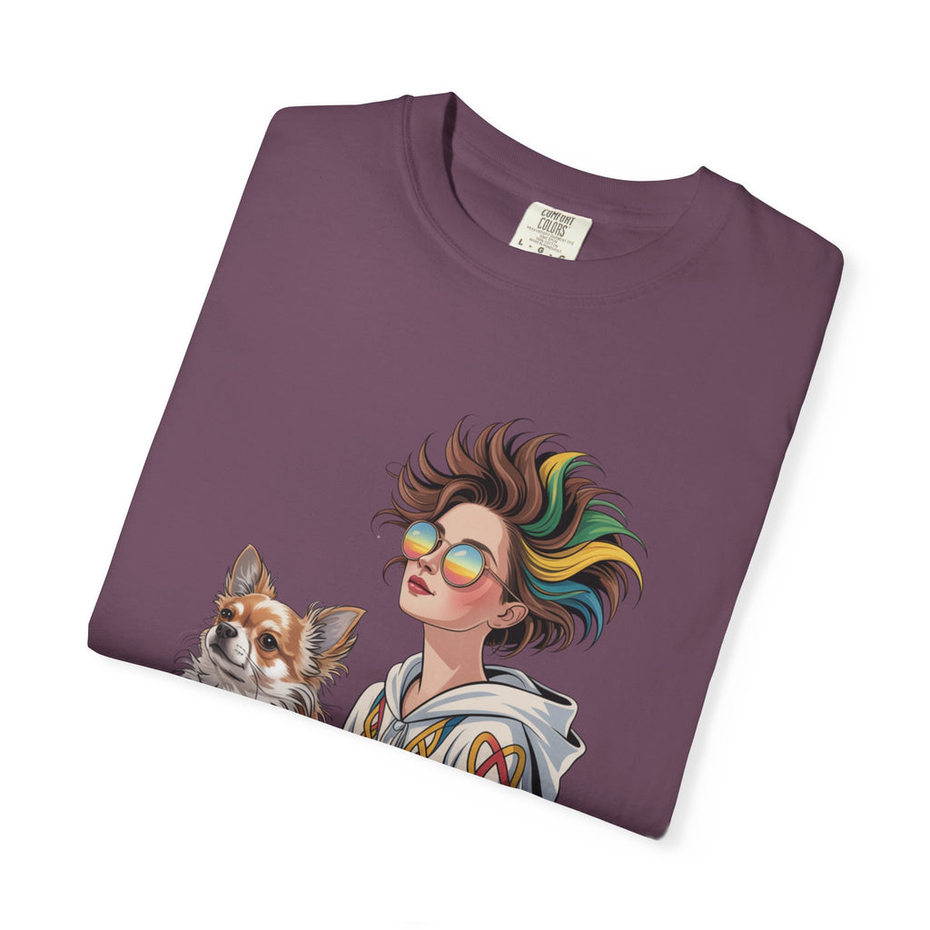Nouveau-Style Digital Illustration of a Young Woman Sitting Gracefully Beside Her Chihuahua Unisex Garment-Dyed T-Shirt Bohemian Dog Lover T-Shirt - Unisex Vintage Style Tee, Perfect Gift for Pet Owners, Casual Wear, Dog Mom Shirt, Summer Essentials