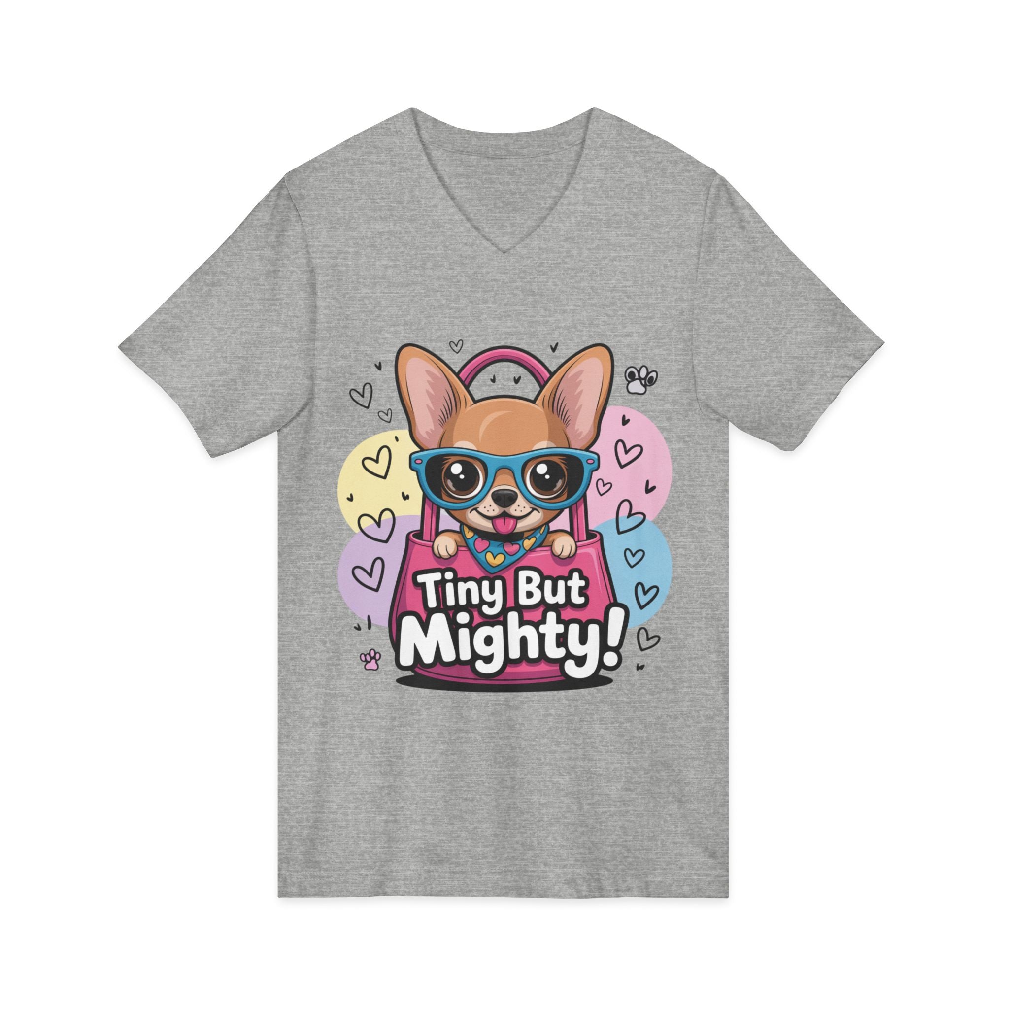 Tiny But Mighty Unisex Jersey Short Sleeve V-Neck Tee  Cute Dog Graphic Tee, Tiny But Mighty T-Shirt for Dog Lovers, Pet Mom Gift, Casual Unisex V-Neck Tee, Birthday Gift