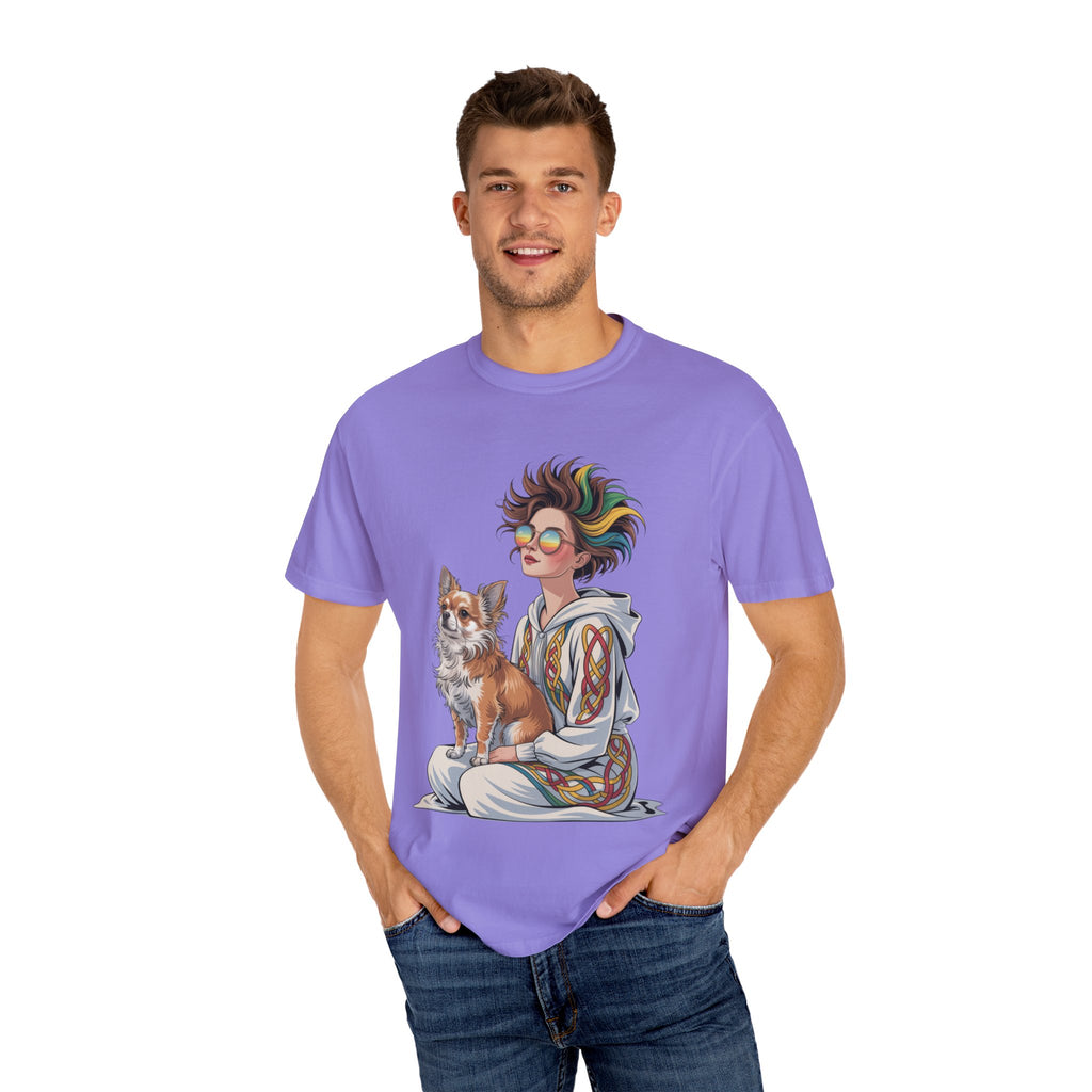 Nouveau-Style Digital Illustration of a Young Woman Sitting Gracefully Beside Her Chihuahua Unisex Garment-Dyed T-Shirt Bohemian Dog Lover T-Shirt - Unisex Vintage Style Tee, Perfect Gift for Pet Owners, Casual Wear, Dog Mom Shirt, Summer Essentials