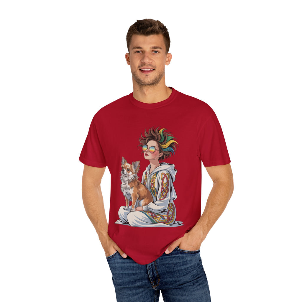 Nouveau-Style Digital Illustration of a Young Woman Sitting Gracefully Beside Her Chihuahua Unisex Garment-Dyed T-Shirt Bohemian Dog Lover T-Shirt - Unisex Vintage Style Tee, Perfect Gift for Pet Owners, Casual Wear, Dog Mom Shirt, Summer Essentials