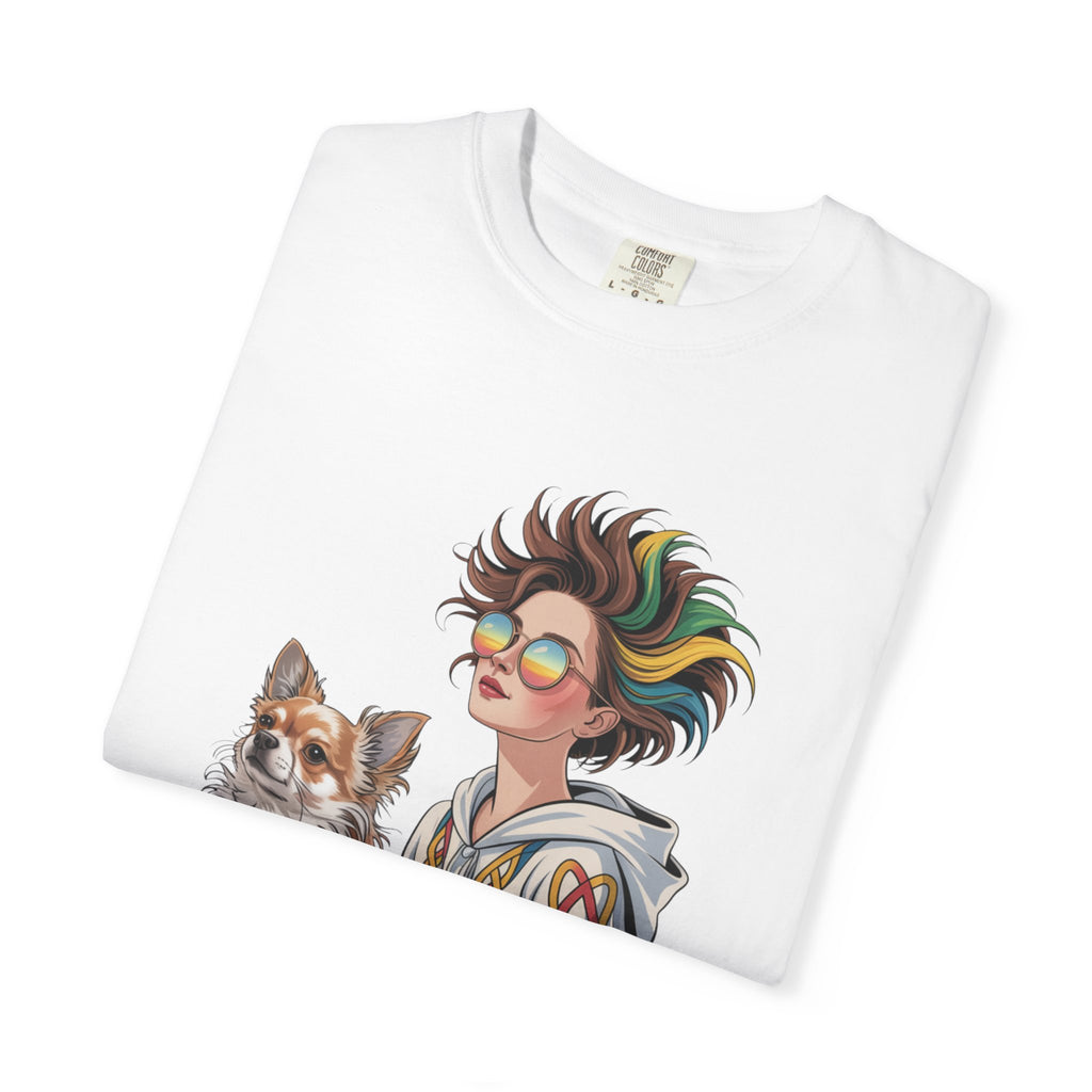 Nouveau-Style Digital Illustration of a Young Woman Sitting Gracefully Beside Her Chihuahua Unisex Garment-Dyed T-Shirt Bohemian Dog Lover T-Shirt - Unisex Vintage Style Tee, Perfect Gift for Pet Owners, Casual Wear, Dog Mom Shirt, Summer Essentials