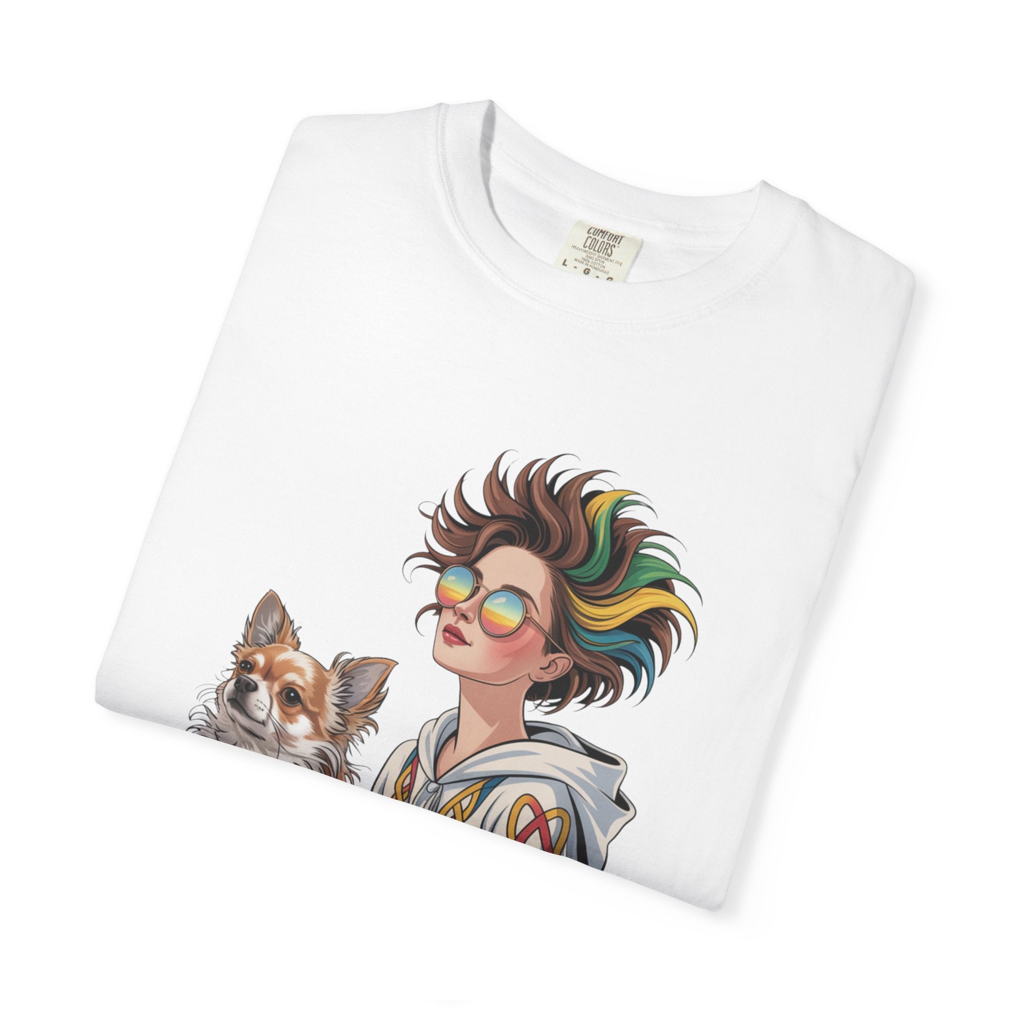 Nouveau-Style Digital Illustration of a Young Woman Sitting Gracefully Beside Her Chihuahua Unisex Garment-Dyed T-Shirt Bohemian Dog Lover T-Shirt - Unisex Vintage Style Tee, Perfect Gift for Pet Owners, Casual Wear, Dog Mom Shirt, Summer Essentials