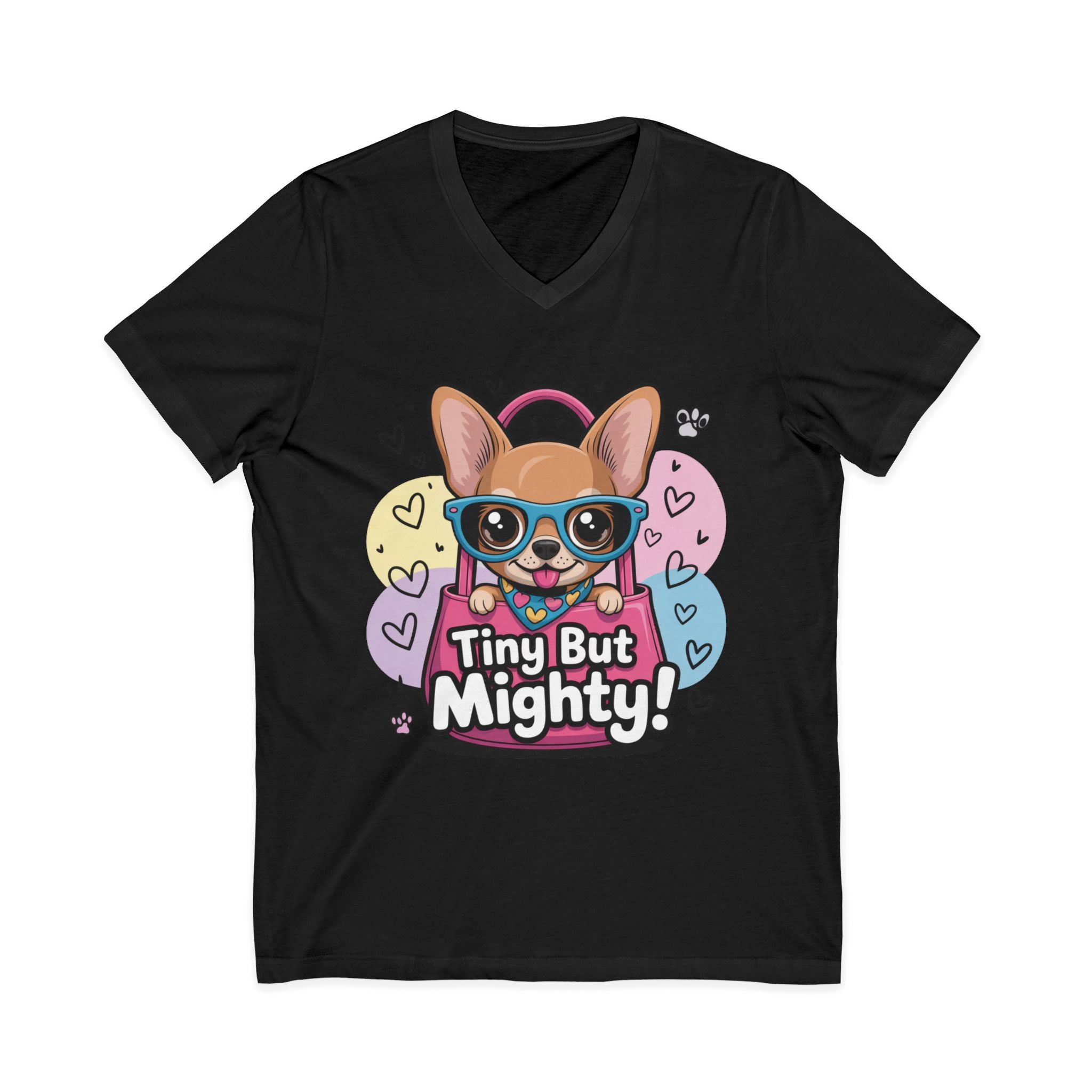 Tiny But Mighty Unisex Jersey Short Sleeve V-Neck Tee  Cute Dog Graphic Tee, Tiny But Mighty T-Shirt for Dog Lovers, Pet Mom Gift, Casual Unisex V-Neck Tee, Birthday Gift
