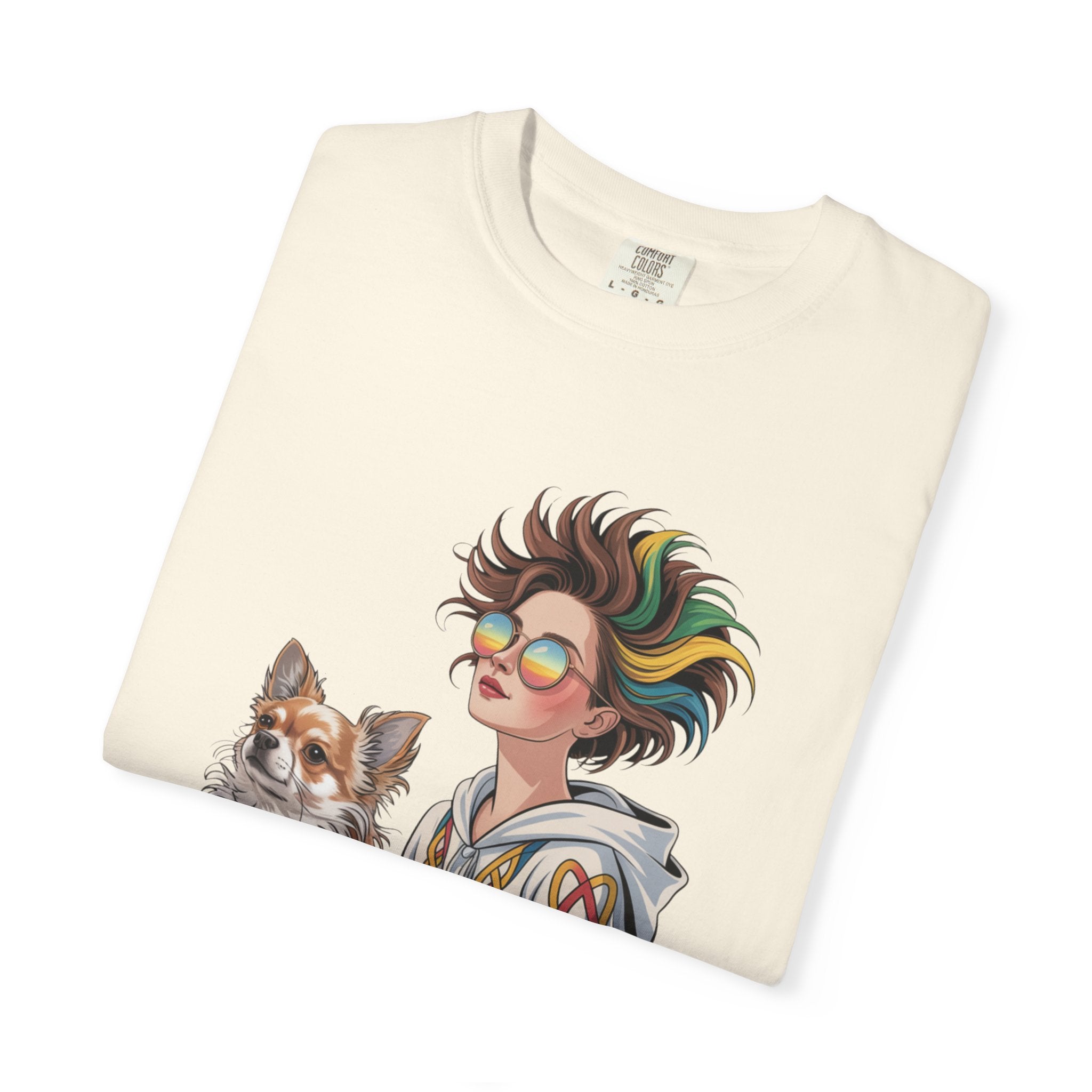 Nouveau-Style Digital Illustration of a Young Woman Sitting Gracefully Beside Her Chihuahua Unisex Garment-Dyed T-Shirt Bohemian Dog Lover T-Shirt - Unisex Vintage Style Tee, Perfect Gift for Pet Owners, Casual Wear, Dog Mom Shirt, Summer Essentials