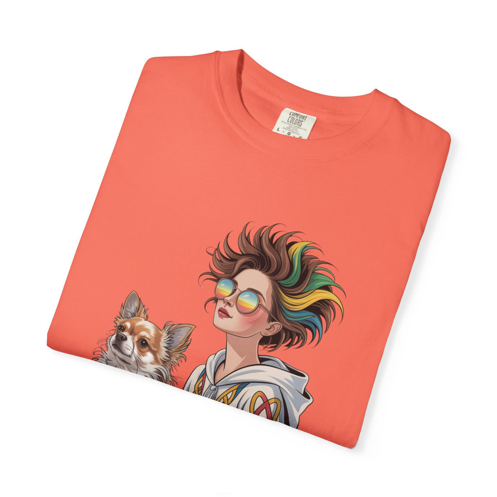 Nouveau-Style Digital Illustration of a Young Woman Sitting Gracefully Beside Her Chihuahua Unisex Garment-Dyed T-Shirt Bohemian Dog Lover T-Shirt - Unisex Vintage Style Tee, Perfect Gift for Pet Owners, Casual Wear, Dog Mom Shirt, Summer Essentials