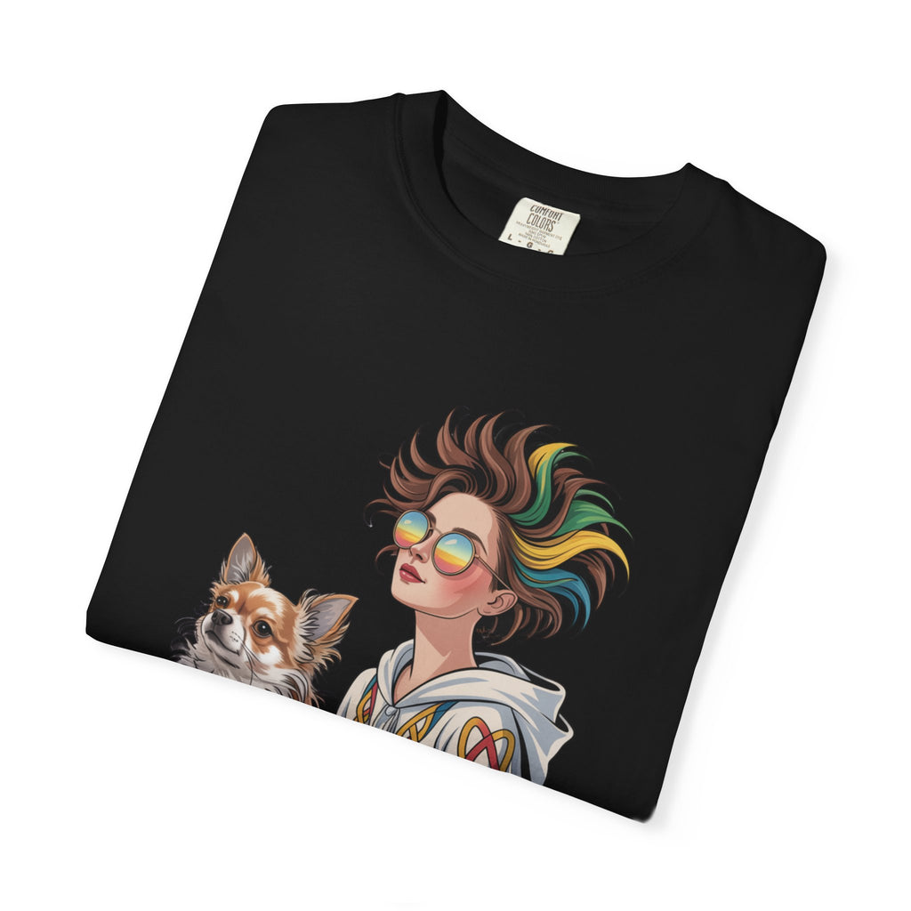 Nouveau-Style Digital Illustration of a Young Woman Sitting Gracefully Beside Her Chihuahua Unisex Garment-Dyed T-Shirt Bohemian Dog Lover T-Shirt - Unisex Vintage Style Tee, Perfect Gift for Pet Owners, Casual Wear, Dog Mom Shirt, Summer Essentials