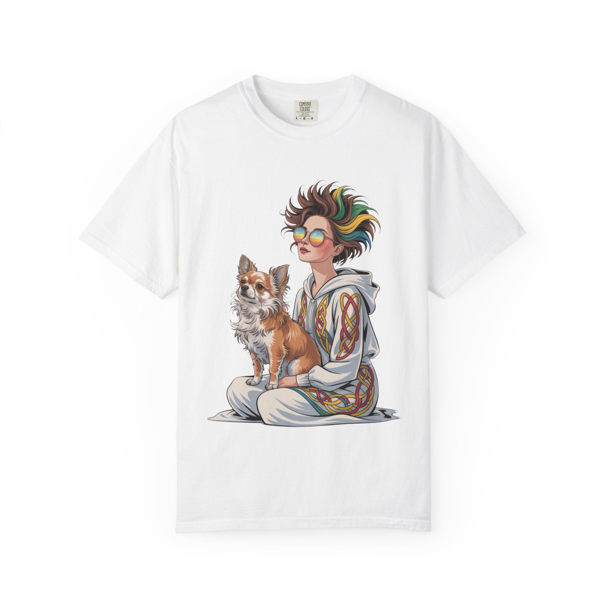 Nouveau-Style Digital Illustration of a Young Woman Sitting Gracefully Beside Her Chihuahua Unisex Garment-Dyed T-Shirt Bohemian Dog Lover T-Shirt - Unisex Vintage Style Tee, Perfect Gift for Pet Owners, Casual Wear, Dog Mom Shirt, Summer Essentials