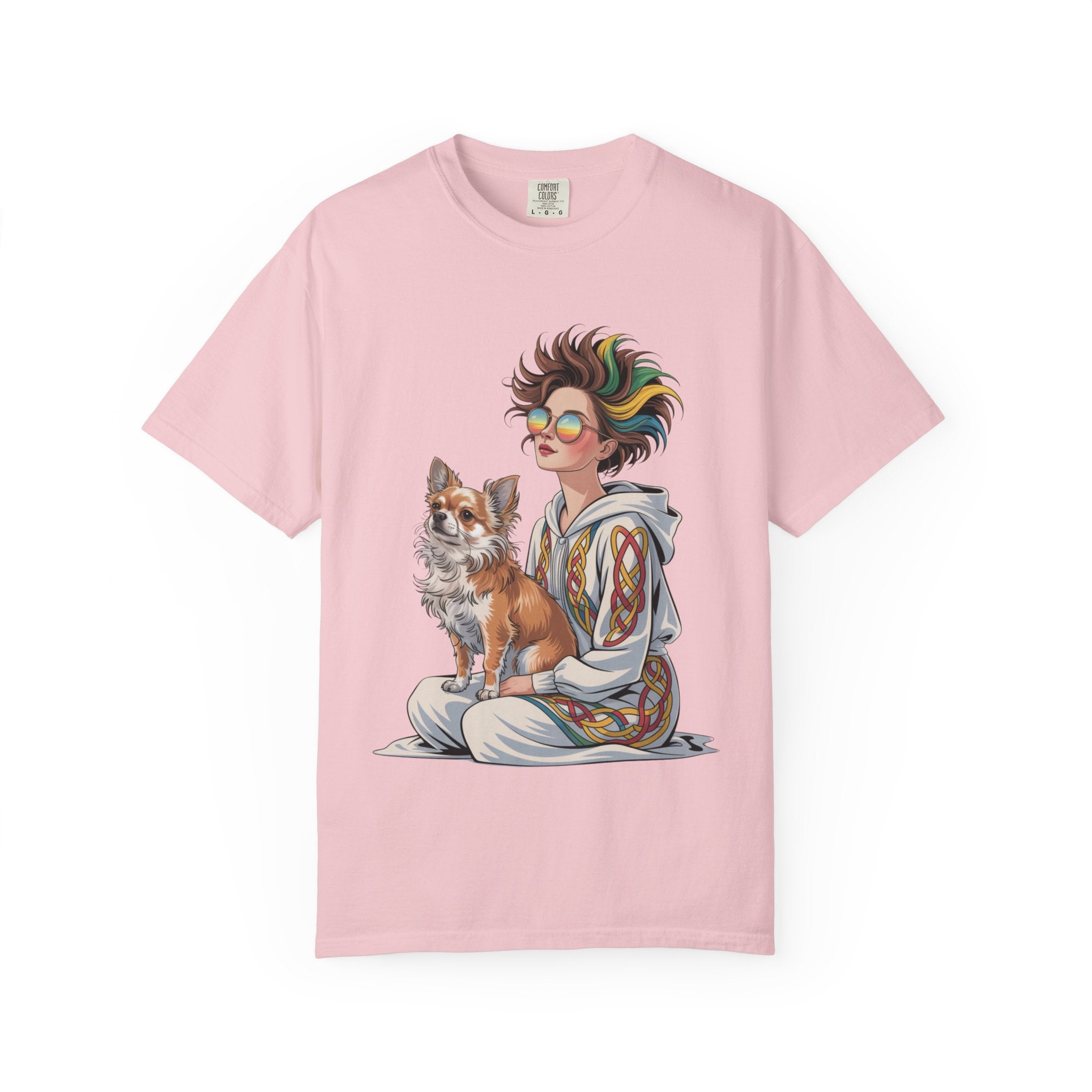 Nouveau-Style Digital Illustration of a Young Woman Sitting Gracefully Beside Her Chihuahua Unisex Garment-Dyed T-Shirt Bohemian Dog Lover T-Shirt - Unisex Vintage Style Tee, Perfect Gift for Pet Owners, Casual Wear, Dog Mom Shirt, Summer Essentials