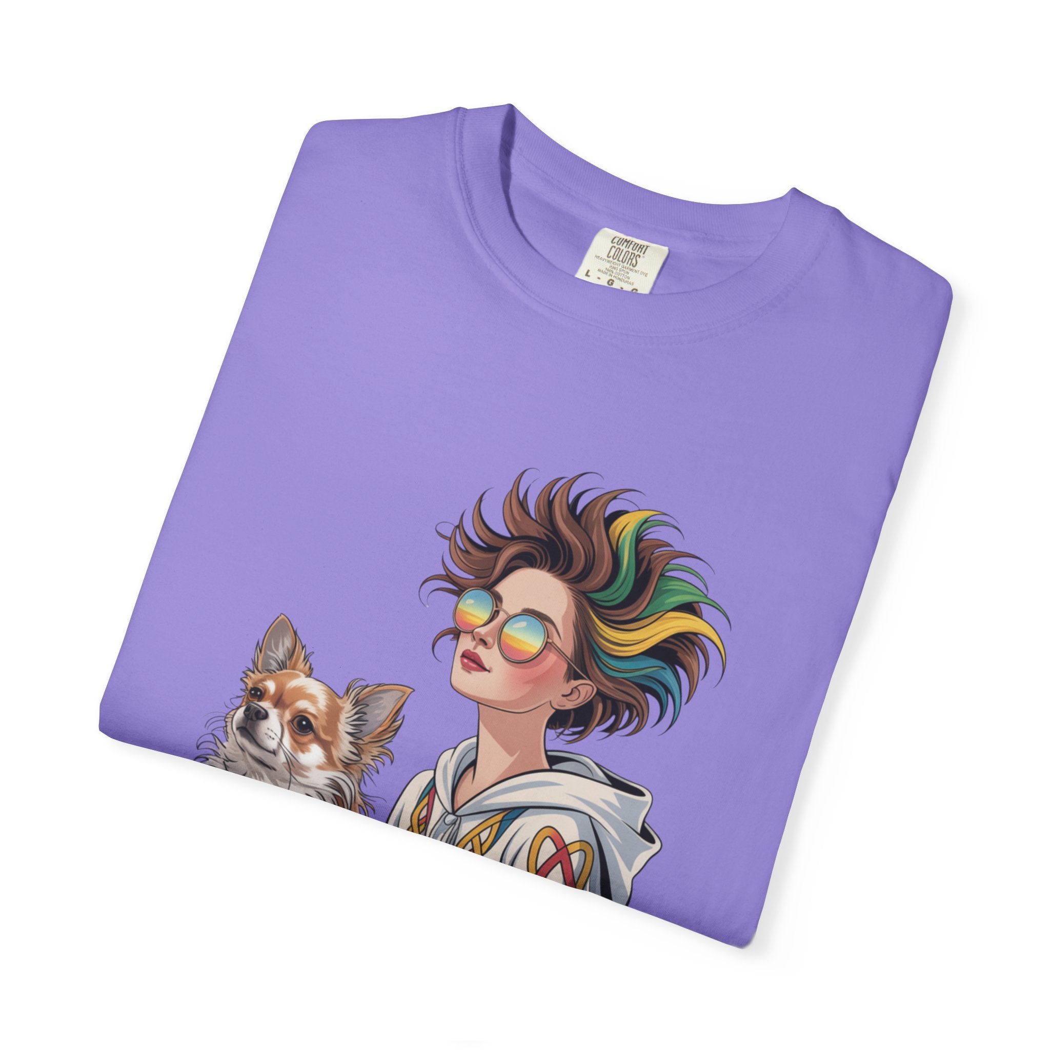 Nouveau-Style Digital Illustration of a Young Woman Sitting Gracefully Beside Her Chihuahua Unisex Garment-Dyed T-Shirt Bohemian Dog Lover T-Shirt - Unisex Vintage Style Tee, Perfect Gift for Pet Owners, Casual Wear, Dog Mom Shirt, Summer Essentials