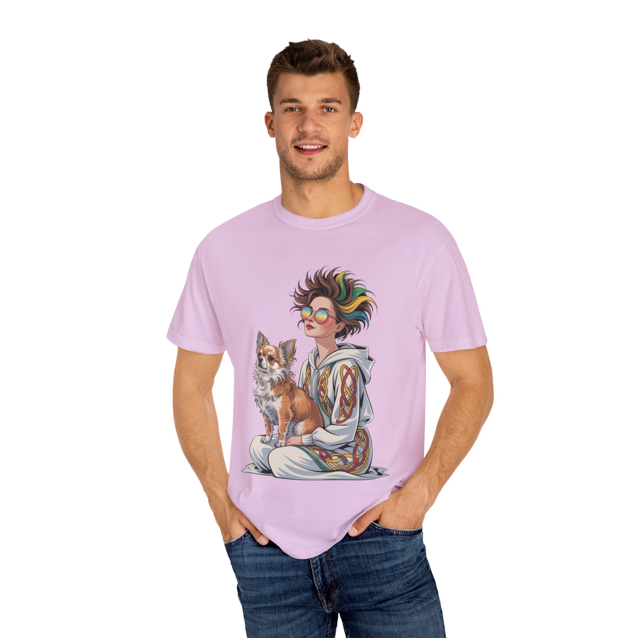 Nouveau-Style Digital Illustration of a Young Woman Sitting Gracefully Beside Her Chihuahua Unisex Garment-Dyed T-Shirt Bohemian Dog Lover T-Shirt - Unisex Vintage Style Tee, Perfect Gift for Pet Owners, Casual Wear, Dog Mom Shirt, Summer Essentials