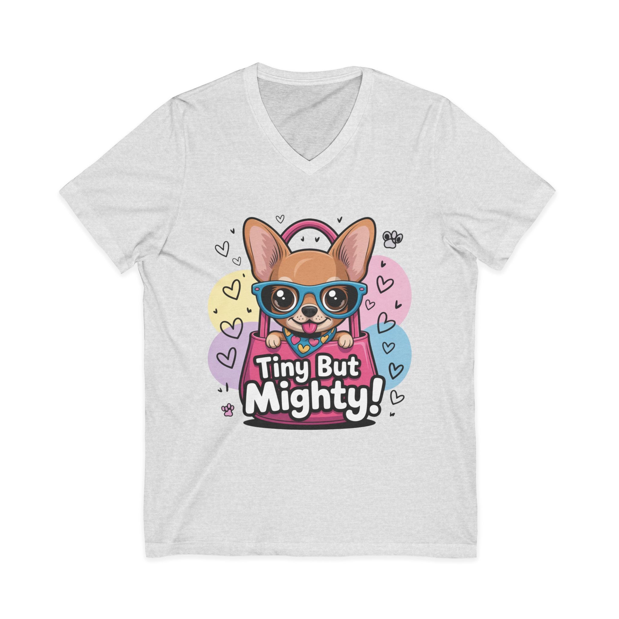 Tiny But Mighty Unisex Jersey Short Sleeve V-Neck Tee  Cute Dog Graphic Tee, Tiny But Mighty T-Shirt for Dog Lovers, Pet Mom Gift, Casual Unisex V-Neck Tee, Birthday Gift