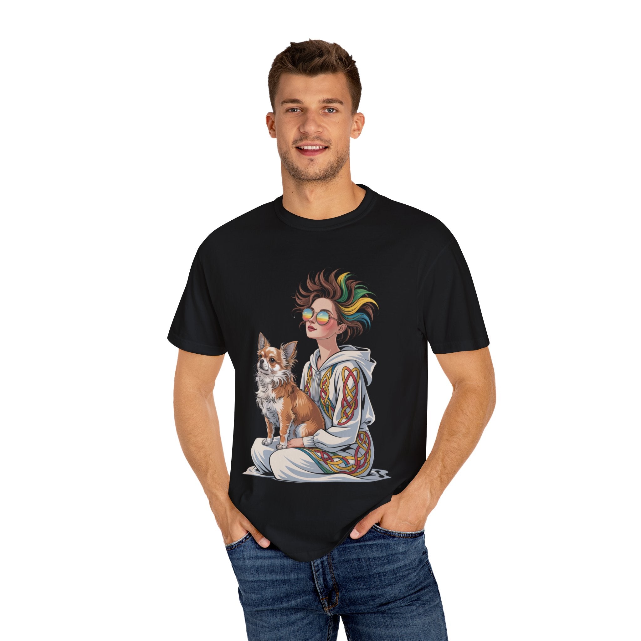 Nouveau-Style Digital Illustration of a Young Woman Sitting Gracefully Beside Her Chihuahua Unisex Garment-Dyed T-Shirt Bohemian Dog Lover T-Shirt - Unisex Vintage Style Tee, Perfect Gift for Pet Owners, Casual Wear, Dog Mom Shirt, Summer Essentials
