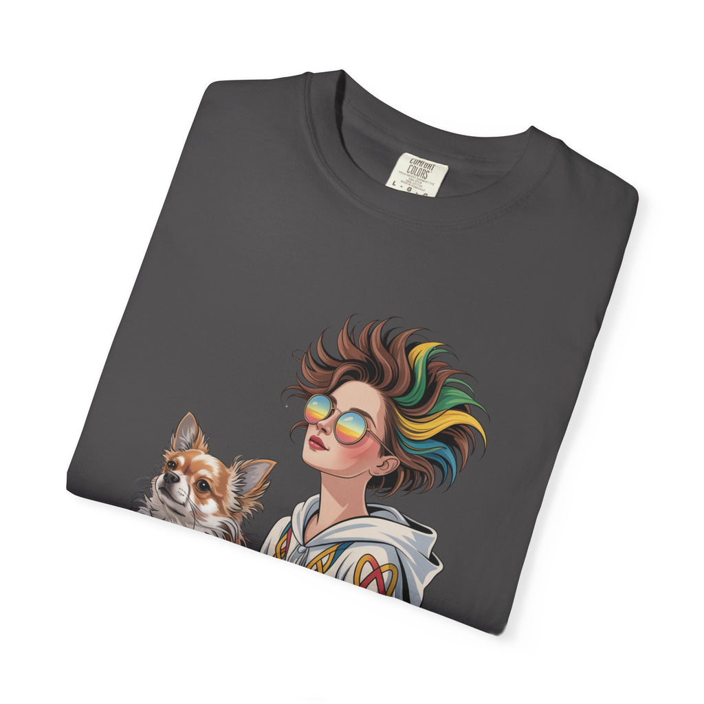 Nouveau-Style Digital Illustration of a Young Woman Sitting Gracefully Beside Her Chihuahua Unisex Garment-Dyed T-Shirt Bohemian Dog Lover T-Shirt - Unisex Vintage Style Tee, Perfect Gift for Pet Owners, Casual Wear, Dog Mom Shirt, Summer Essentials