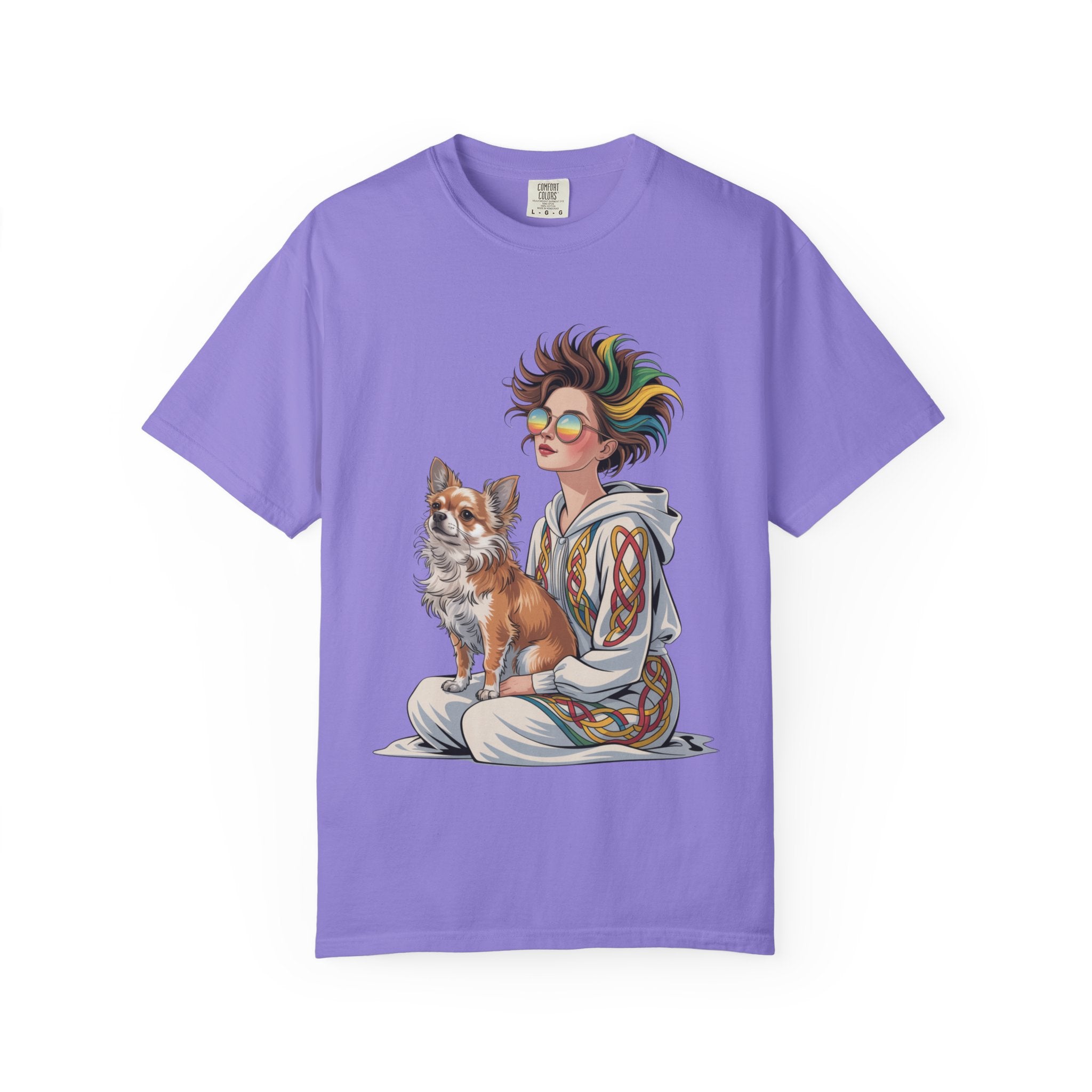 Nouveau-Style Digital Illustration of a Young Woman Sitting Gracefully Beside Her Chihuahua Unisex Garment-Dyed T-Shirt Bohemian Dog Lover T-Shirt - Unisex Vintage Style Tee, Perfect Gift for Pet Owners, Casual Wear, Dog Mom Shirt, Summer Essentials