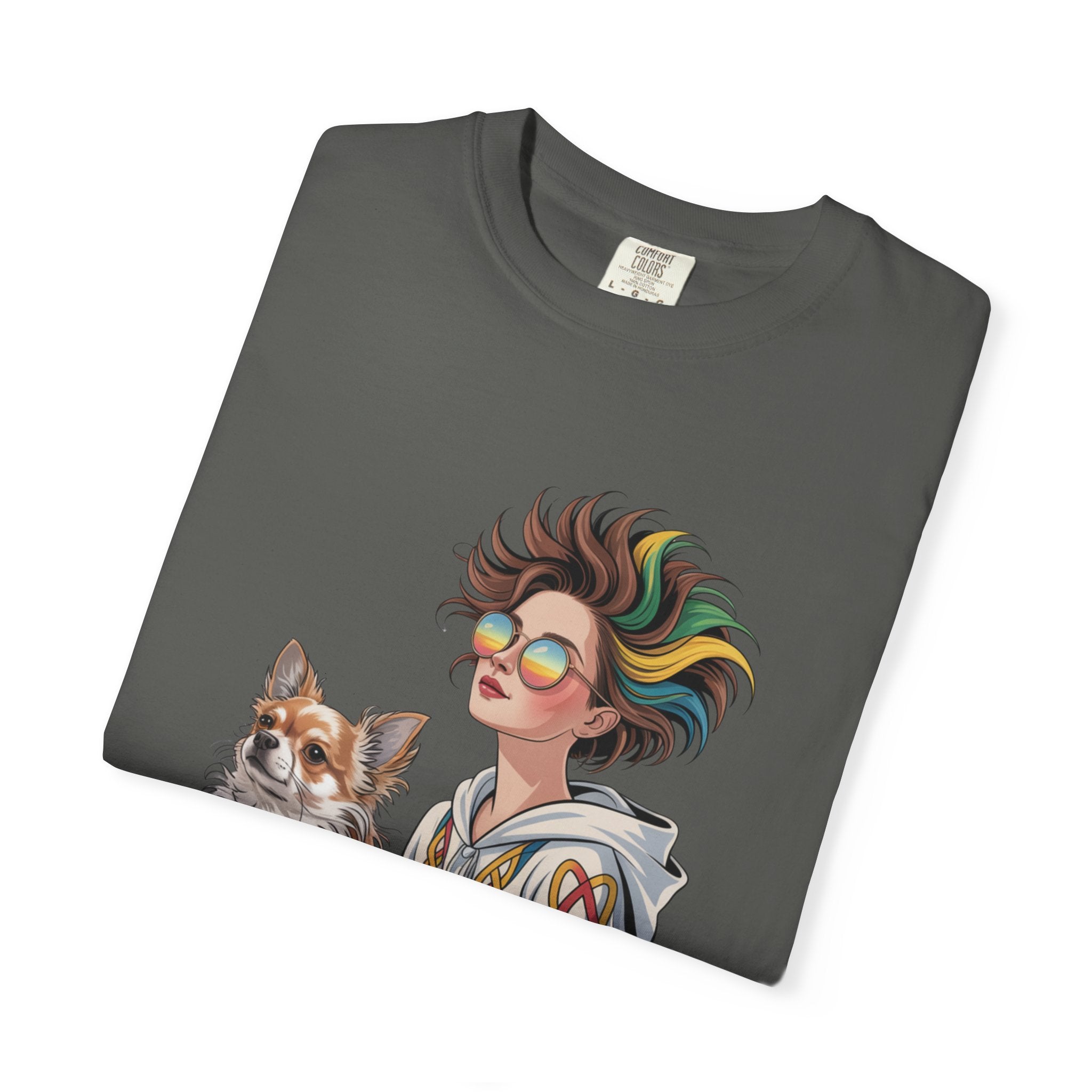 Nouveau-Style Digital Illustration of a Young Woman Sitting Gracefully Beside Her Chihuahua Unisex Garment-Dyed T-Shirt Bohemian Dog Lover T-Shirt - Unisex Vintage Style Tee, Perfect Gift for Pet Owners, Casual Wear, Dog Mom Shirt, Summer Essentials