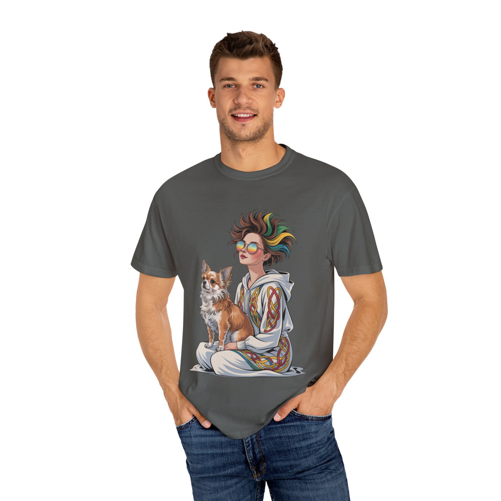 Nouveau-Style Digital Illustration of a Young Woman Sitting Gracefully Beside Her Chihuahua Unisex Garment-Dyed T-Shirt Bohemian Dog Lover T-Shirt - Unisex Vintage Style Tee, Perfect Gift for Pet Owners, Casual Wear, Dog Mom Shirt, Summer Essentials