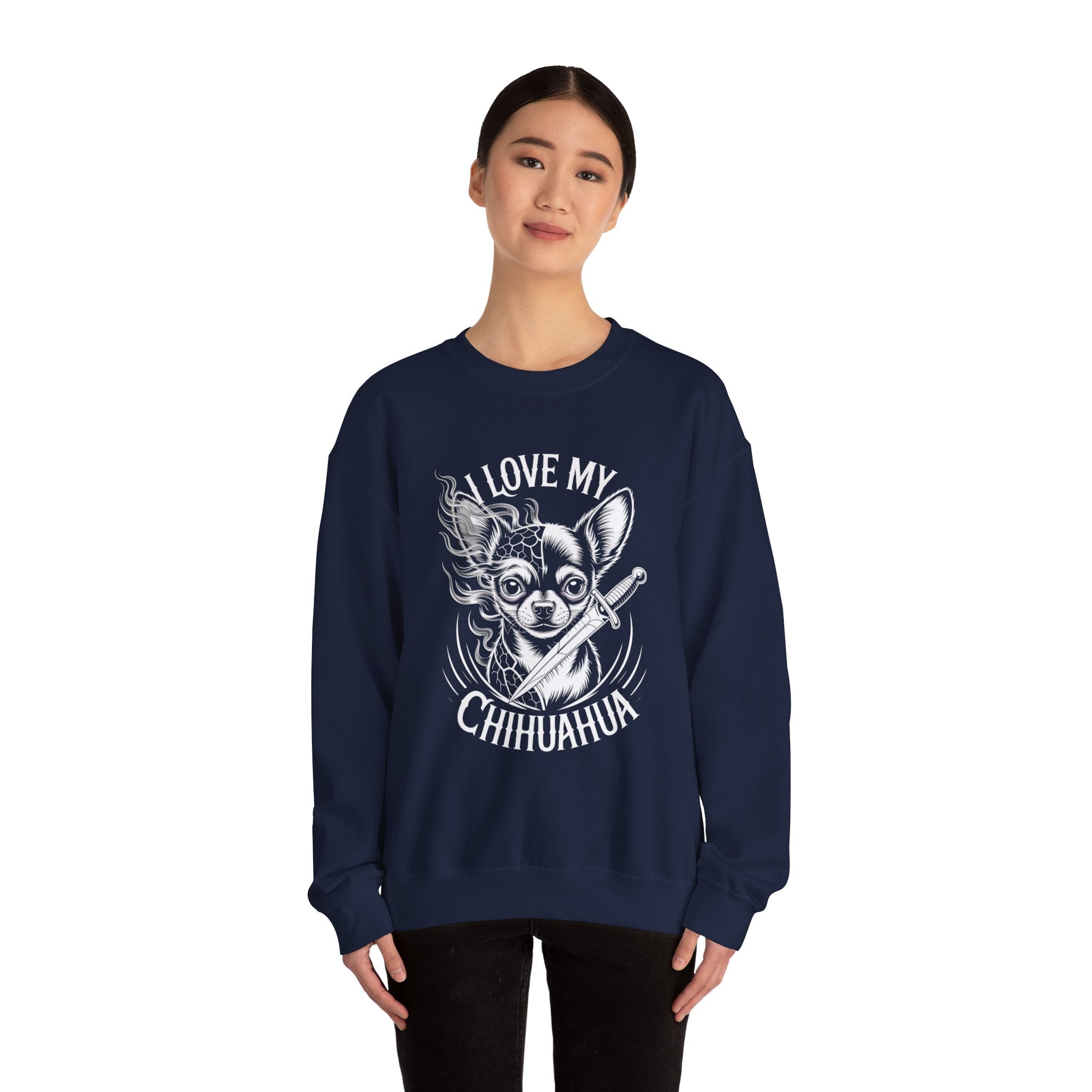 i love my chihuahua Unisex Heavy Blend™ Crewneck Sweatshirt I Love My Chihuahua Sweatshirt | Cozy Pet Lover Crewneck, Puppy Gift, Dog Owner Apparel, Cute Canine Sweatshirt, Animal Lover Wear