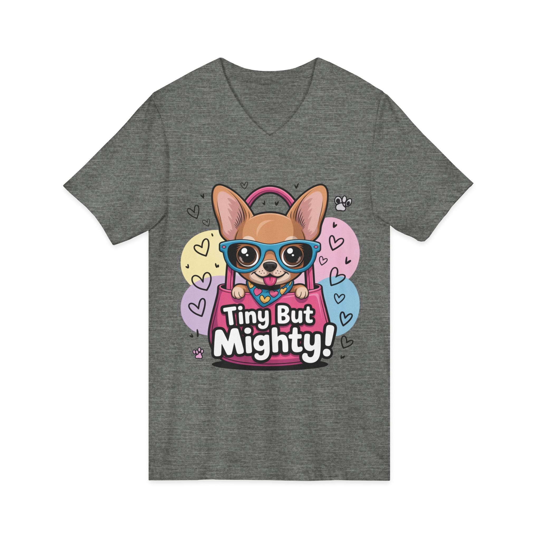 Tiny But Mighty Unisex Jersey Short Sleeve V-Neck Tee  Cute Dog Graphic Tee, Tiny But Mighty T-Shirt for Dog Lovers, Pet Mom Gift, Casual Unisex V-Neck Tee, Birthday Gift