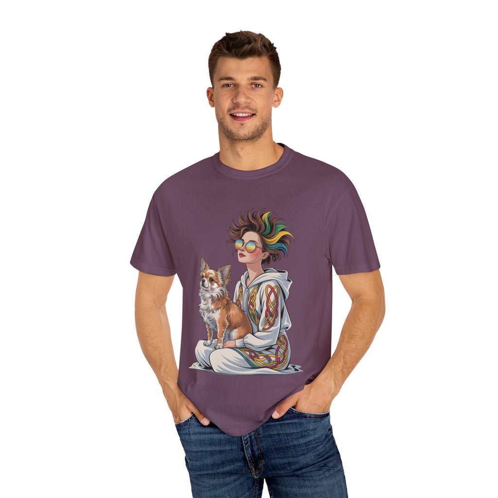 Nouveau-Style Digital Illustration of a Young Woman Sitting Gracefully Beside Her Chihuahua Unisex Garment-Dyed T-Shirt Bohemian Dog Lover T-Shirt - Unisex Vintage Style Tee, Perfect Gift for Pet Owners, Casual Wear, Dog Mom Shirt, Summer Essentials