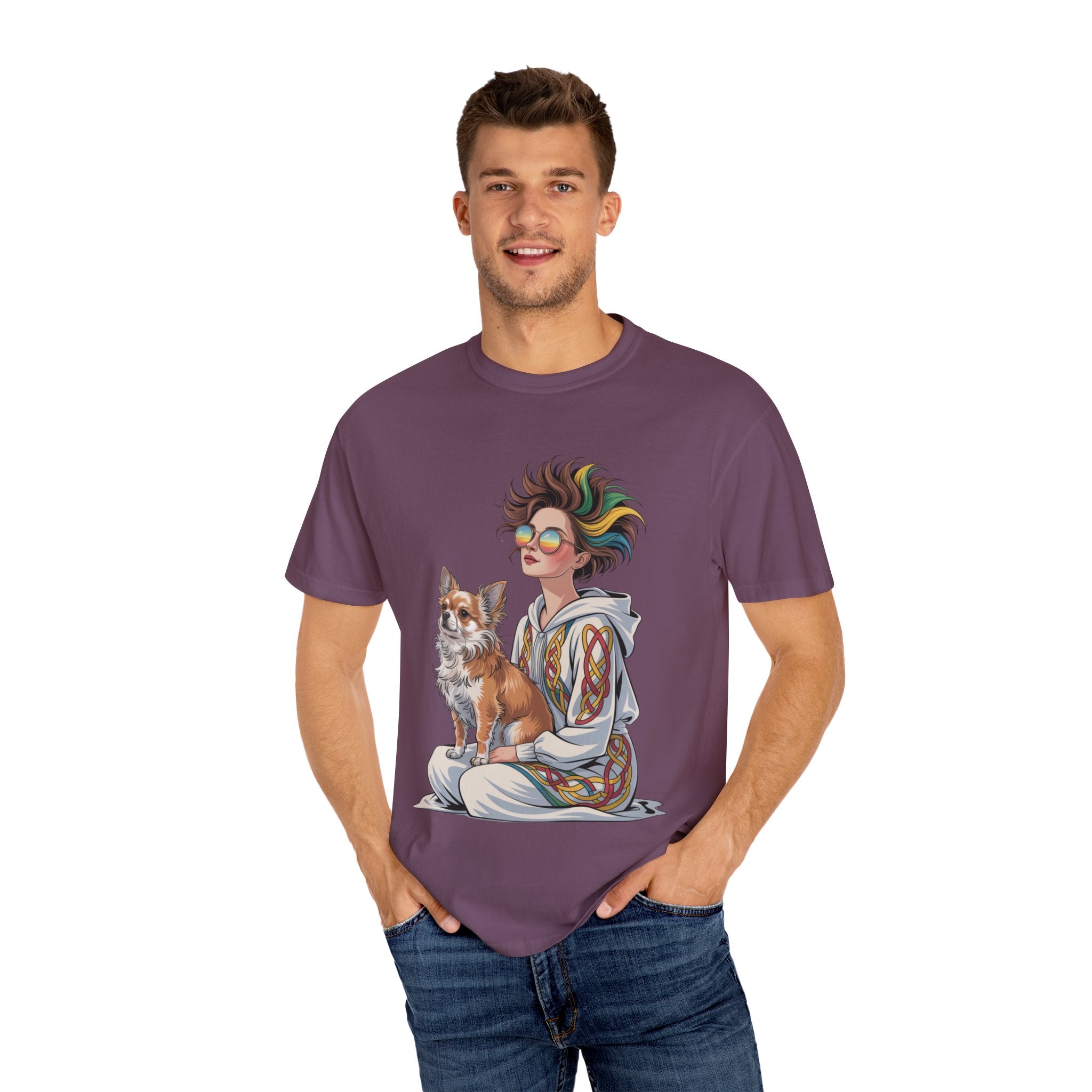 Nouveau-Style Digital Illustration of a Young Woman Sitting Gracefully Beside Her Chihuahua Unisex Garment-Dyed T-Shirt Bohemian Dog Lover T-Shirt - Unisex Vintage Style Tee, Perfect Gift for Pet Owners, Casual Wear, Dog Mom Shirt, Summer Essentials