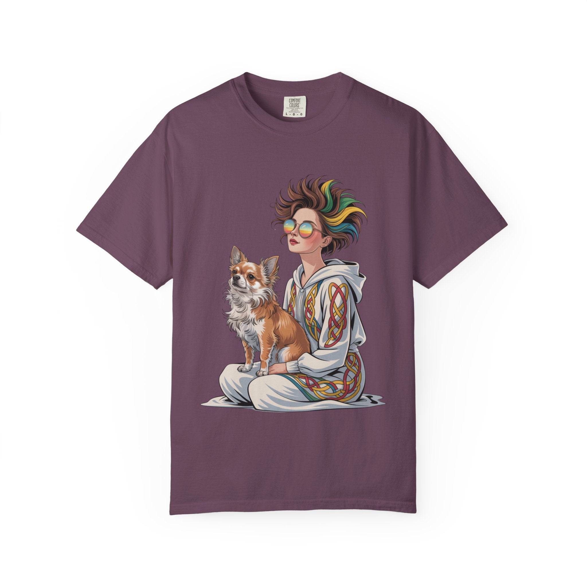 Nouveau-Style Digital Illustration of a Young Woman Sitting Gracefully Beside Her Chihuahua Unisex Garment-Dyed T-Shirt Bohemian Dog Lover T-Shirt - Unisex Vintage Style Tee, Perfect Gift for Pet Owners, Casual Wear, Dog Mom Shirt, Summer Essentials