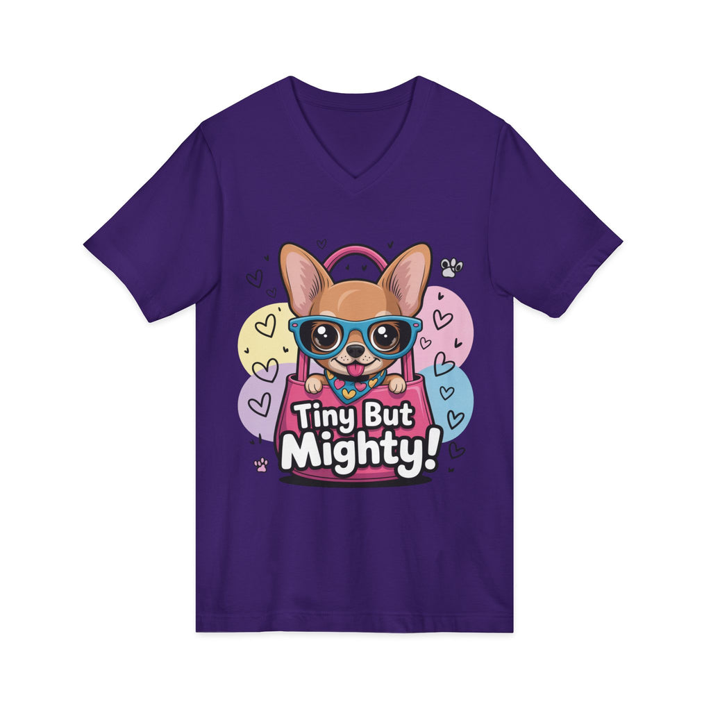 Tiny But Mighty Unisex Jersey Short Sleeve V-Neck Tee  Cute Dog Graphic Tee, Tiny But Mighty T-Shirt for Dog Lovers, Pet Mom Gift, Casual Unisex V-Neck Tee, Birthday Gift