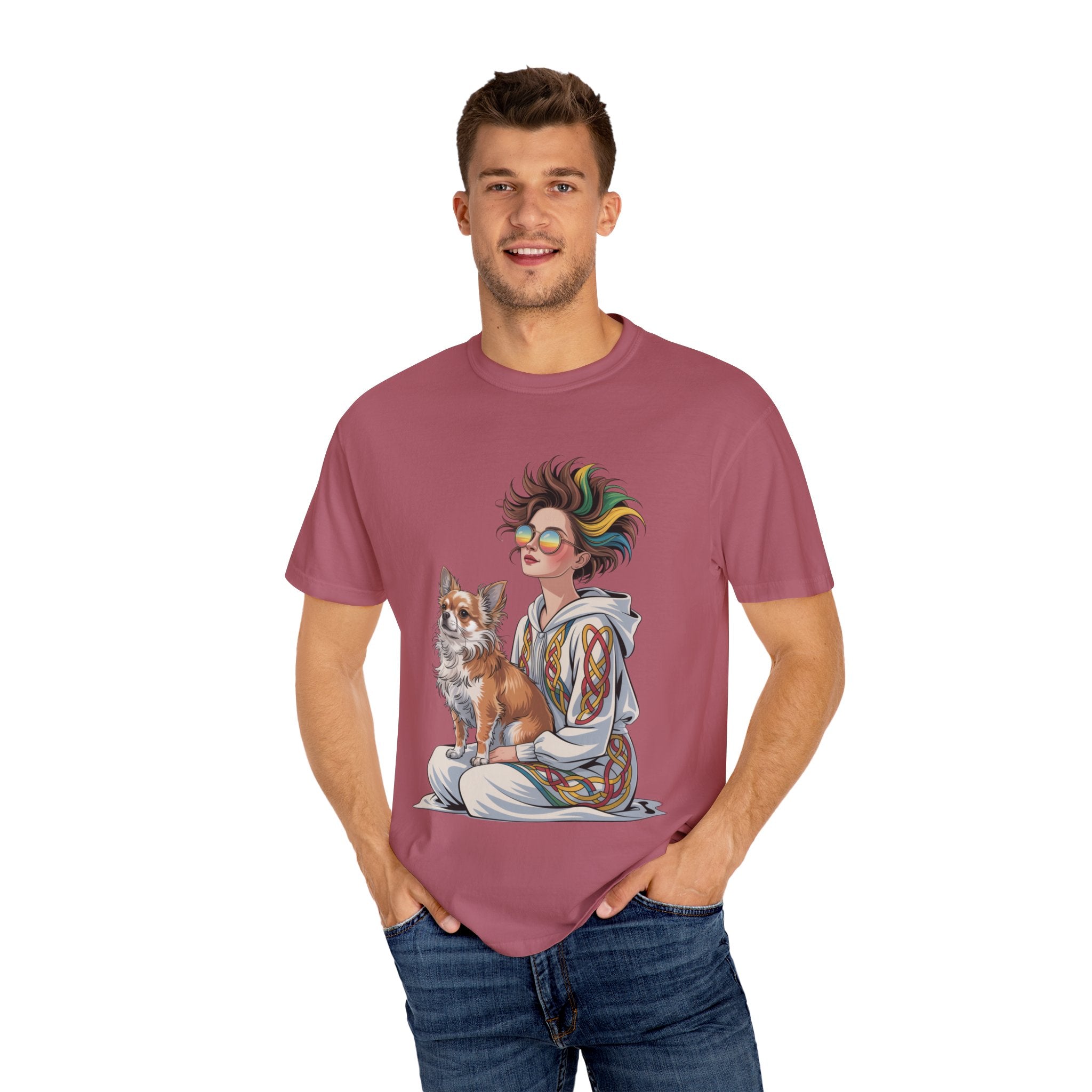 Nouveau-Style Digital Illustration of a Young Woman Sitting Gracefully Beside Her Chihuahua Unisex Garment-Dyed T-Shirt Bohemian Dog Lover T-Shirt - Unisex Vintage Style Tee, Perfect Gift for Pet Owners, Casual Wear, Dog Mom Shirt, Summer Essentials