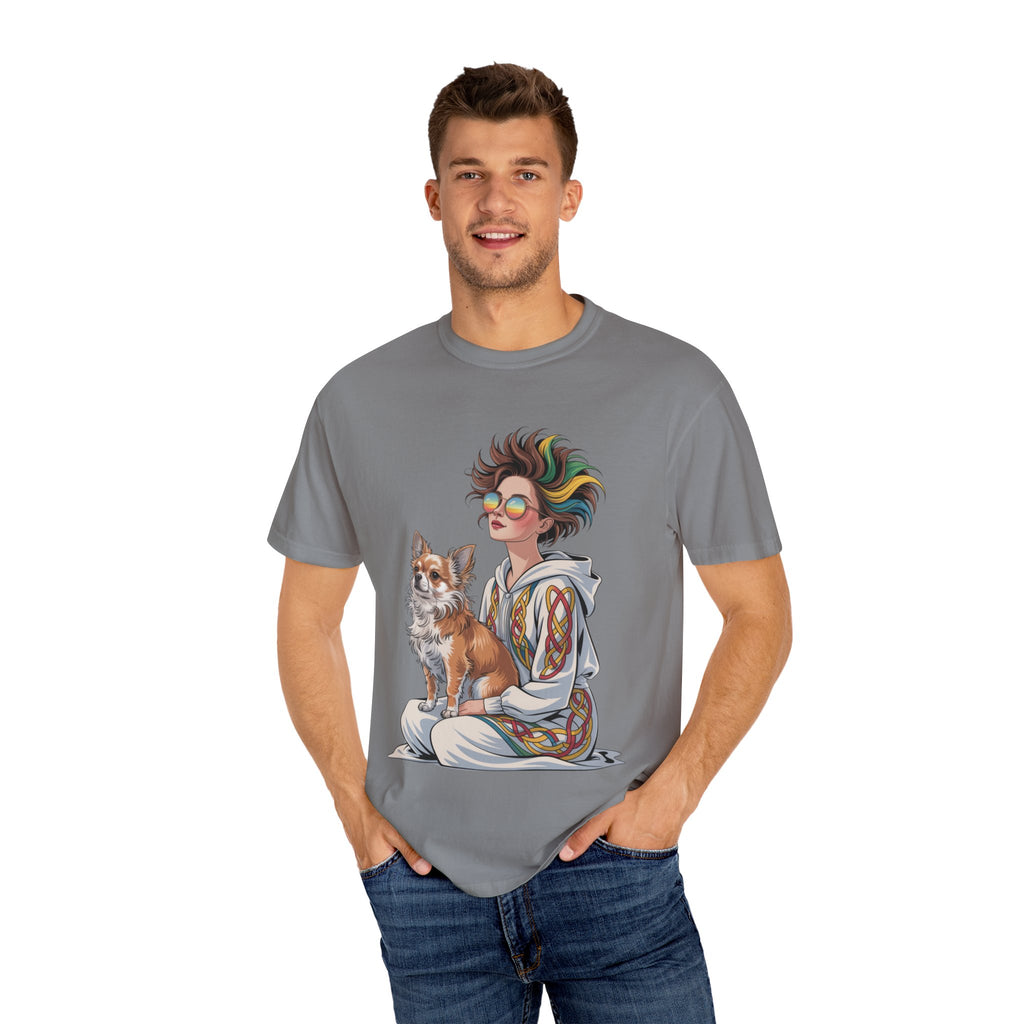 Nouveau-Style Digital Illustration of a Young Woman Sitting Gracefully Beside Her Chihuahua Unisex Garment-Dyed T-Shirt Bohemian Dog Lover T-Shirt - Unisex Vintage Style Tee, Perfect Gift for Pet Owners, Casual Wear, Dog Mom Shirt, Summer Essentials