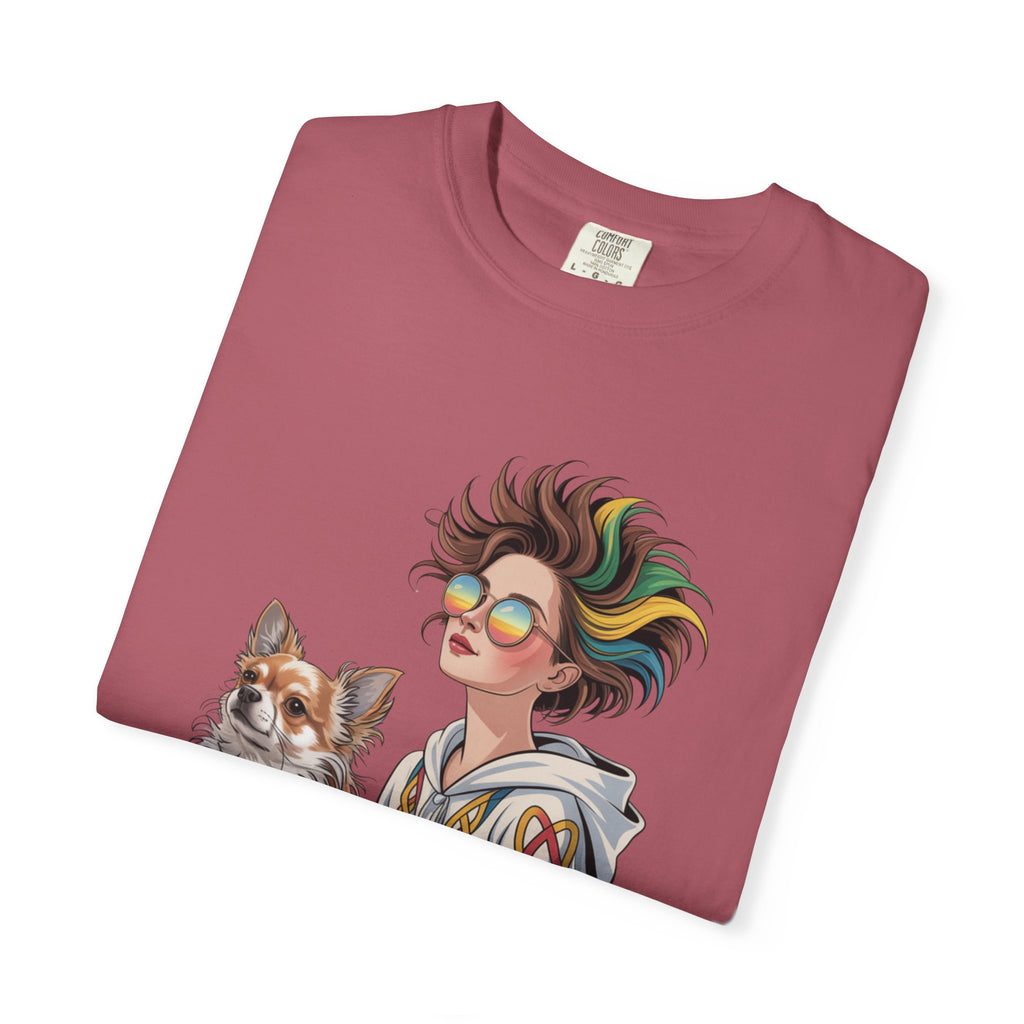 Nouveau-Style Digital Illustration of a Young Woman Sitting Gracefully Beside Her Chihuahua Unisex Garment-Dyed T-Shirt Bohemian Dog Lover T-Shirt - Unisex Vintage Style Tee, Perfect Gift for Pet Owners, Casual Wear, Dog Mom Shirt, Summer Essentials