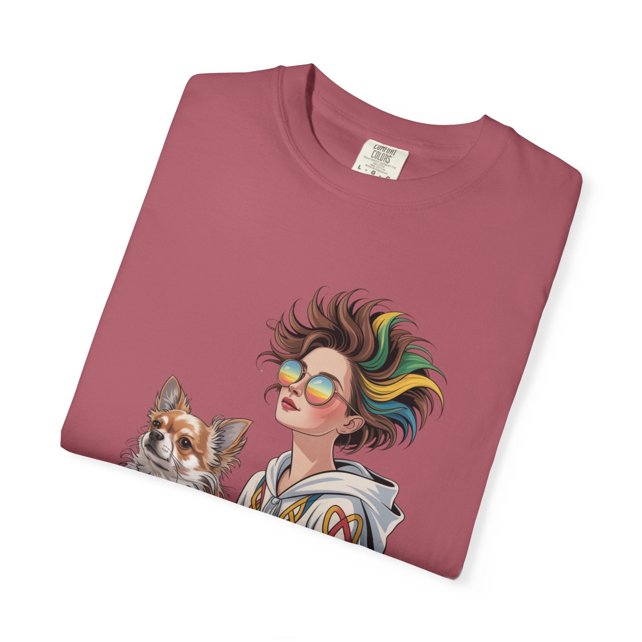 Nouveau-Style Digital Illustration of a Young Woman Sitting Gracefully Beside Her Chihuahua Unisex Garment-Dyed T-Shirt Bohemian Dog Lover T-Shirt - Unisex Vintage Style Tee, Perfect Gift for Pet Owners, Casual Wear, Dog Mom Shirt, Summer Essentials
