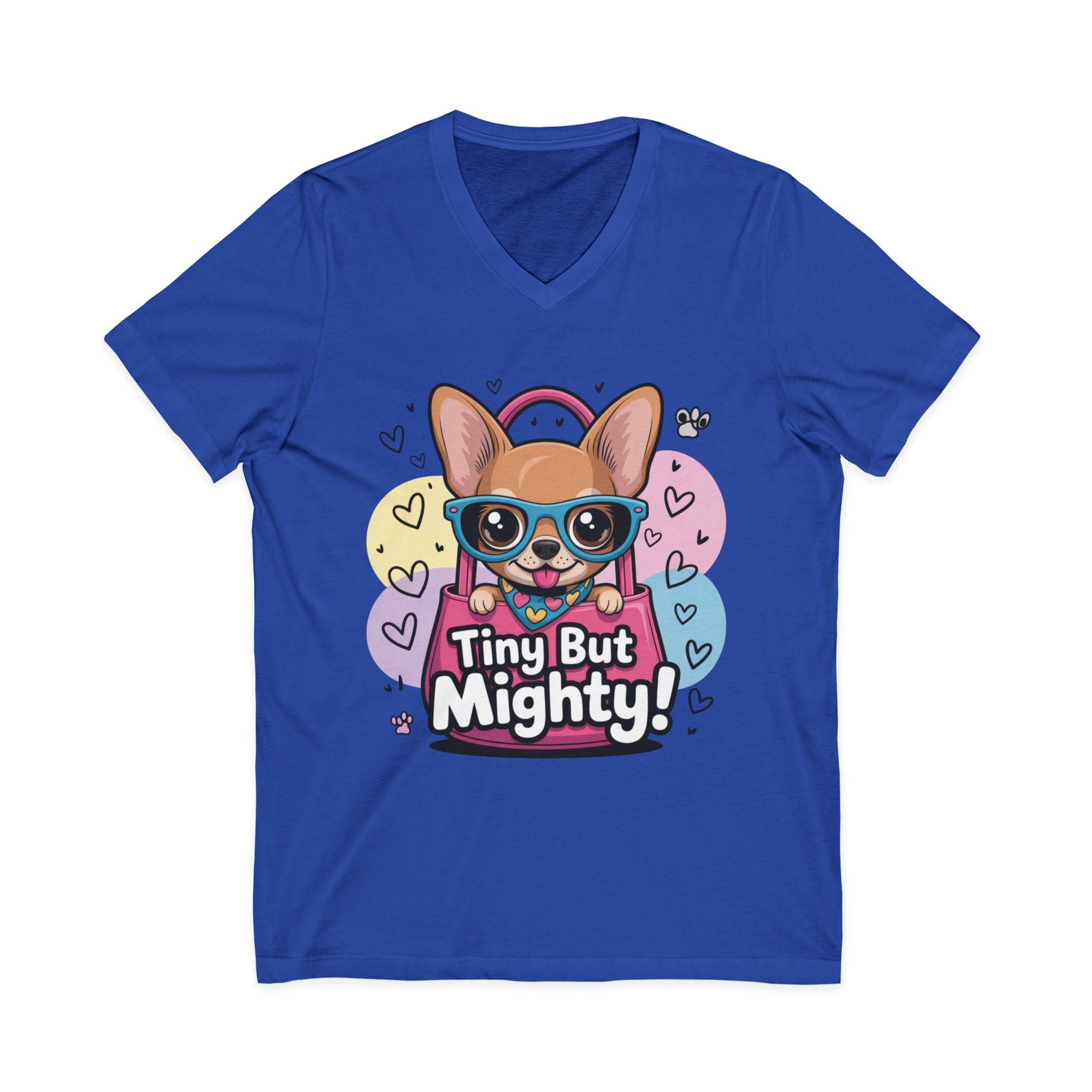 Tiny But Mighty Unisex Jersey Short Sleeve V-Neck Tee  Cute Dog Graphic Tee, Tiny But Mighty T-Shirt for Dog Lovers, Pet Mom Gift, Casual Unisex V-Neck Tee, Birthday Gift