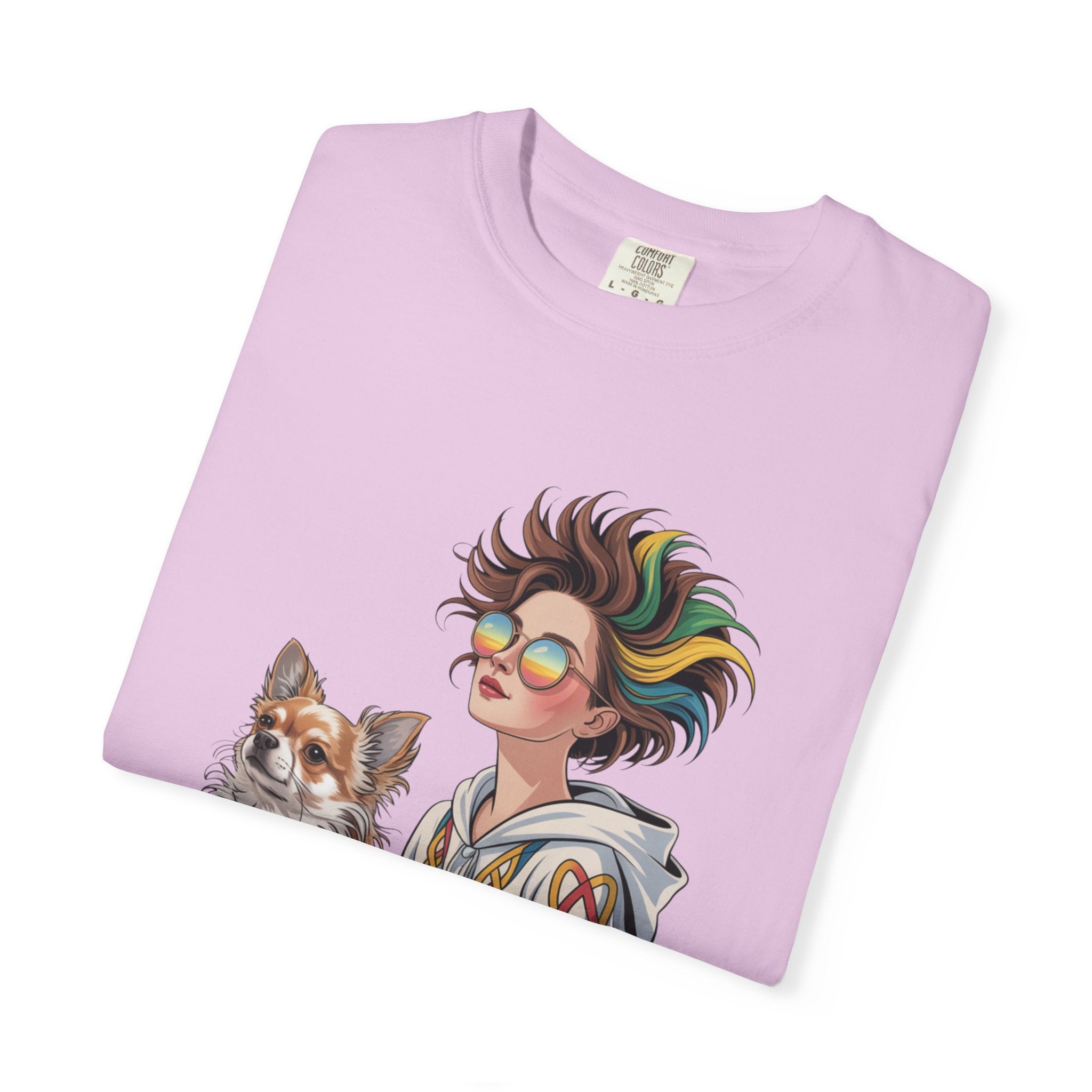 Nouveau-Style Digital Illustration of a Young Woman Sitting Gracefully Beside Her Chihuahua Unisex Garment-Dyed T-Shirt Bohemian Dog Lover T-Shirt - Unisex Vintage Style Tee, Perfect Gift for Pet Owners, Casual Wear, Dog Mom Shirt, Summer Essentials