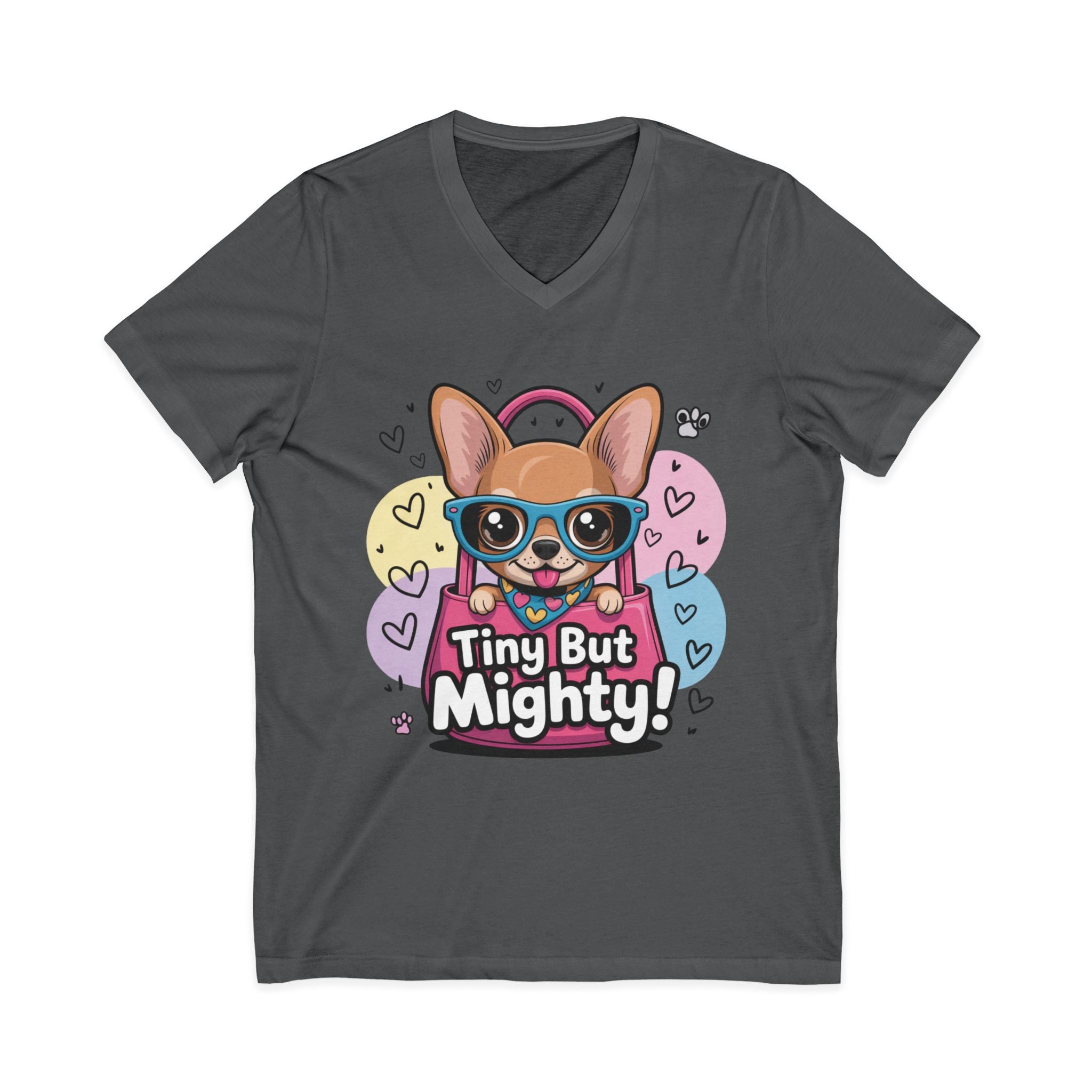 Tiny But Mighty Unisex Jersey Short Sleeve V-Neck Tee  Cute Dog Graphic Tee, Tiny But Mighty T-Shirt for Dog Lovers, Pet Mom Gift, Casual Unisex V-Neck Tee, Birthday Gift