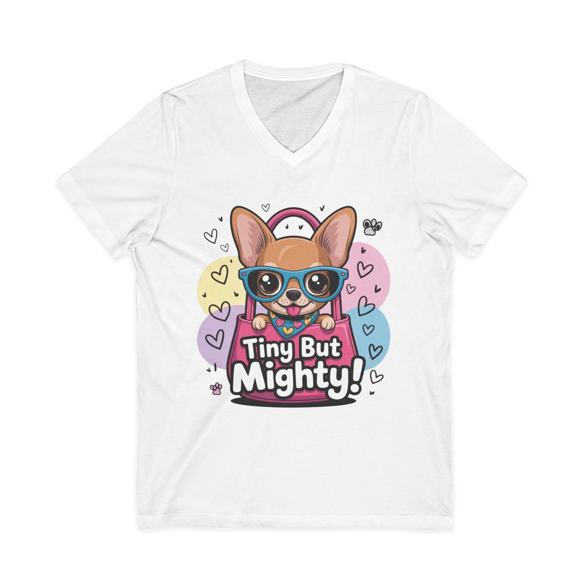 Tiny But Mighty Unisex Jersey Short Sleeve V-Neck Tee  Cute Dog Graphic Tee, Tiny But Mighty T-Shirt for Dog Lovers, Pet Mom Gift, Casual Unisex V-Neck Tee, Birthday Gift